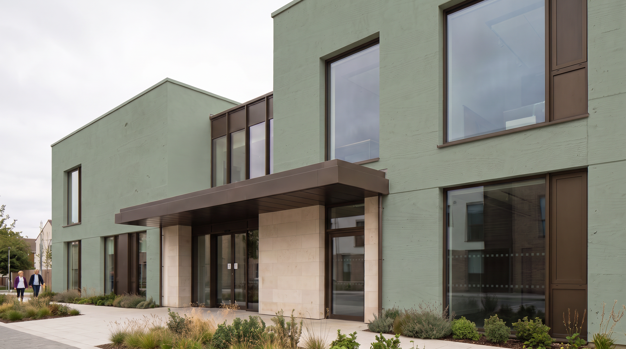 Final architecture edit with annotations removed and muted sage board formed concrete applied to the marked facade