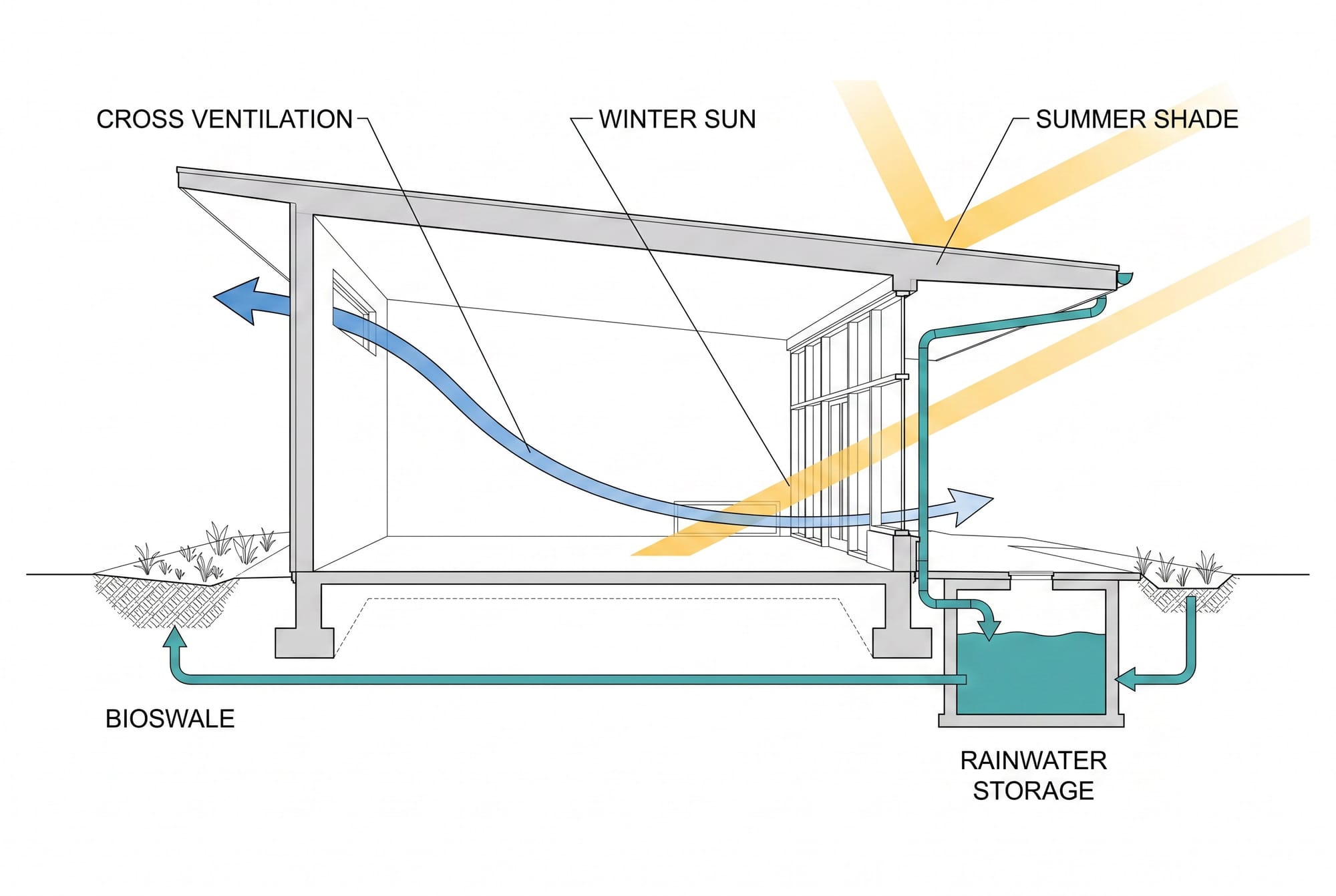 Architectural section diagram showing cross ventilation, winter sun, summer shade, a bioswale, and rainwater storage.