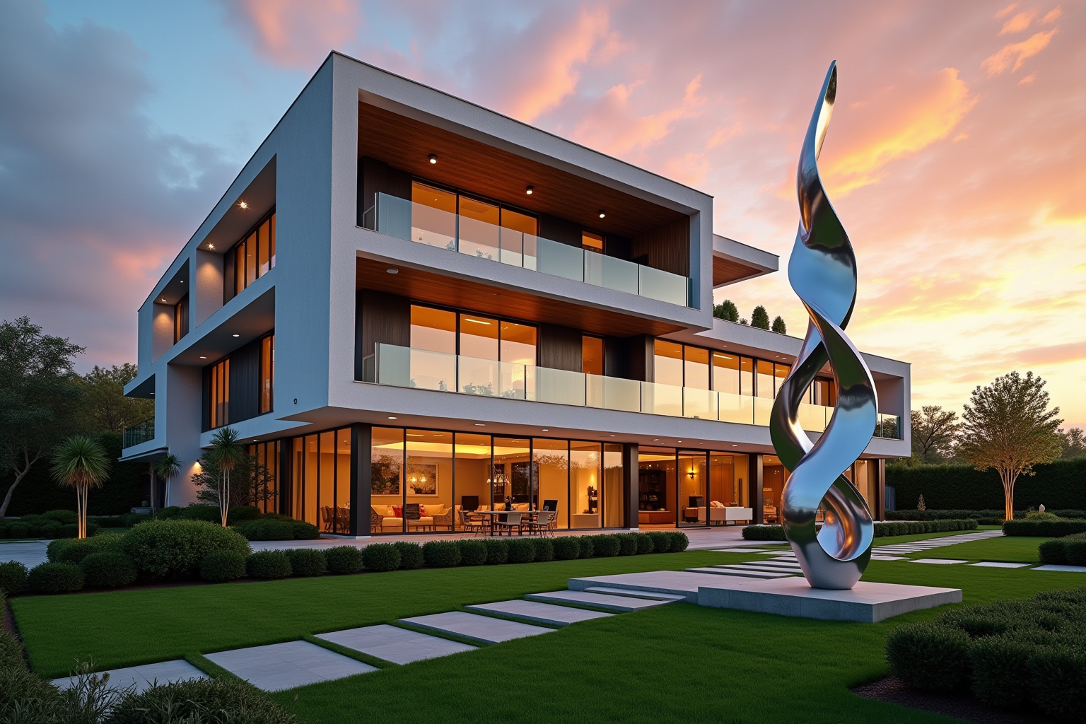 Generated image of a modern three-story building at sunset with trimmed landscaping and a silver monument.