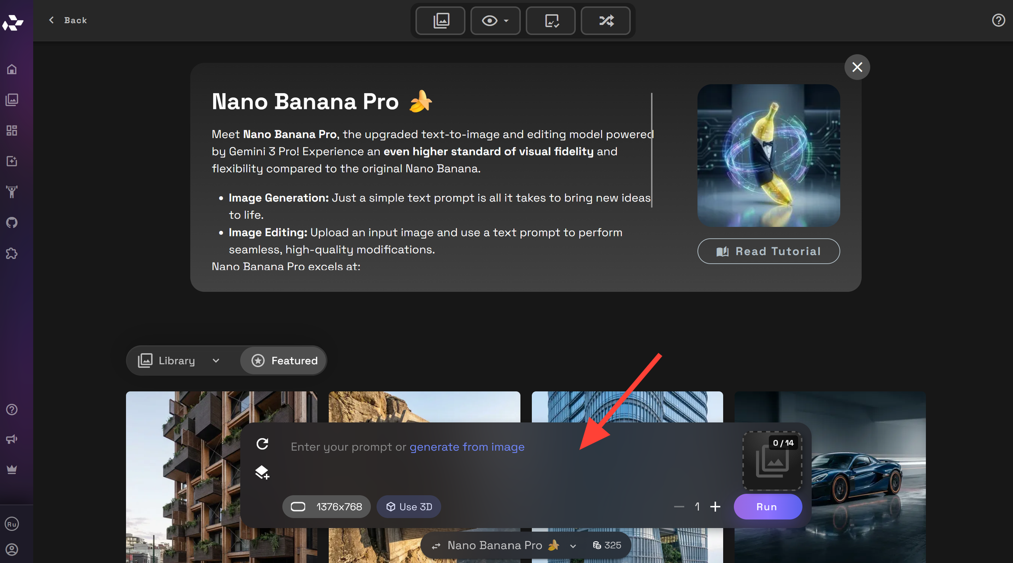 RunDiffusion screen for starting Nano Banana Pro from a text prompt or an existing image.