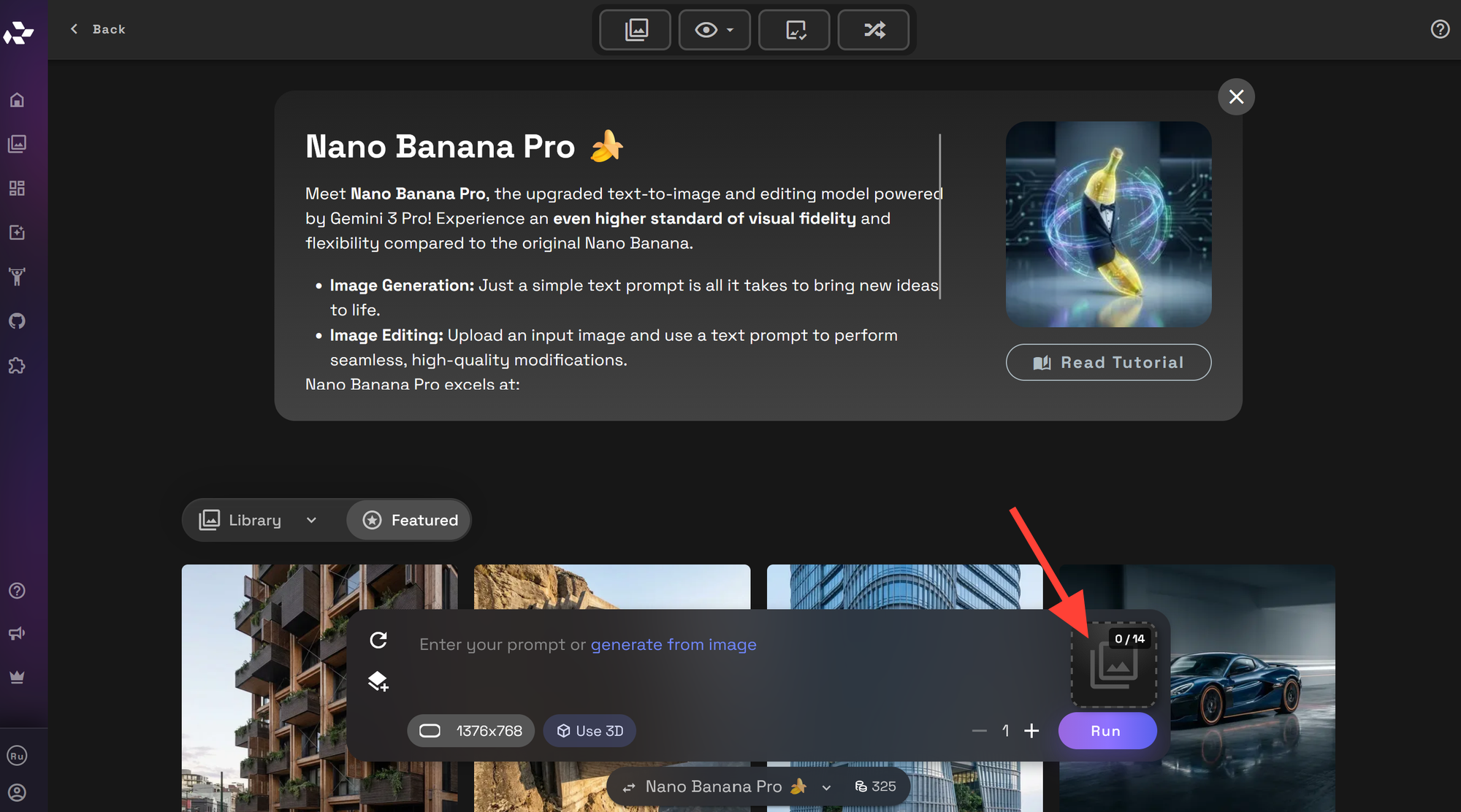 RunDiffusion screen for uploading and identifying reference images for a Nano Banana Pro generation.