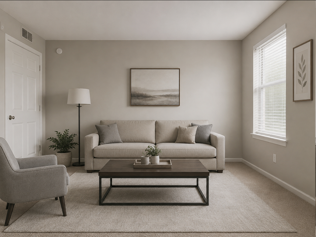 Original neutral living room before several successful image edits are combined through layering