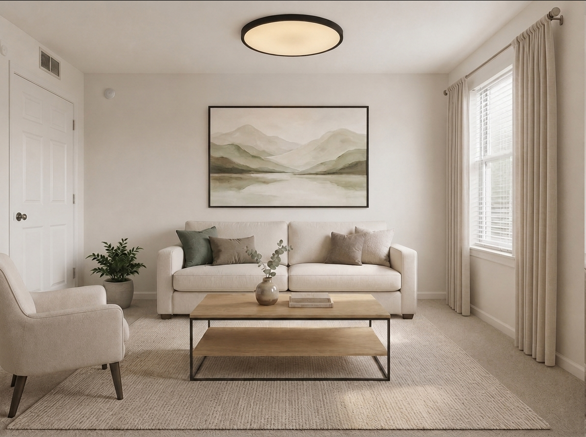Final living room composite after combining successful furniture, artwork, lighting, curtain, and decor edits