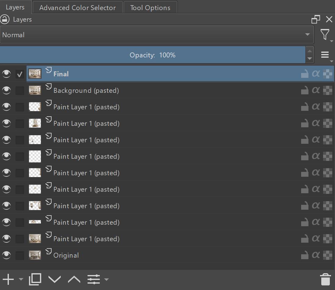 Krita Layers panel showing the original living room and several retained edit layers combined into a final image
