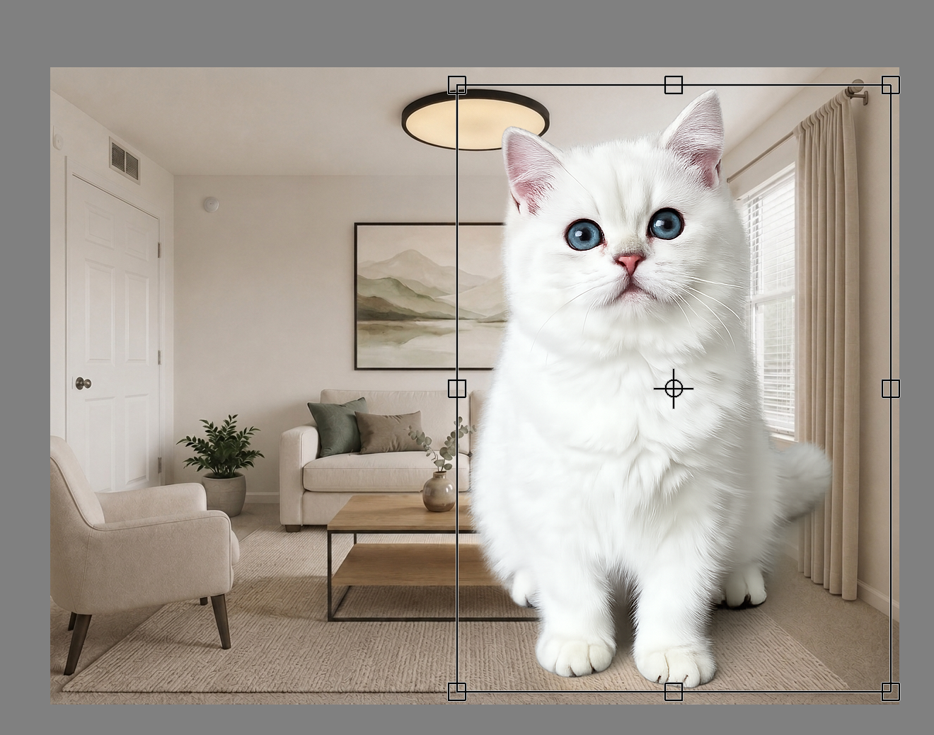 Oversized white cat layer placed over a living room image with transform handles visible