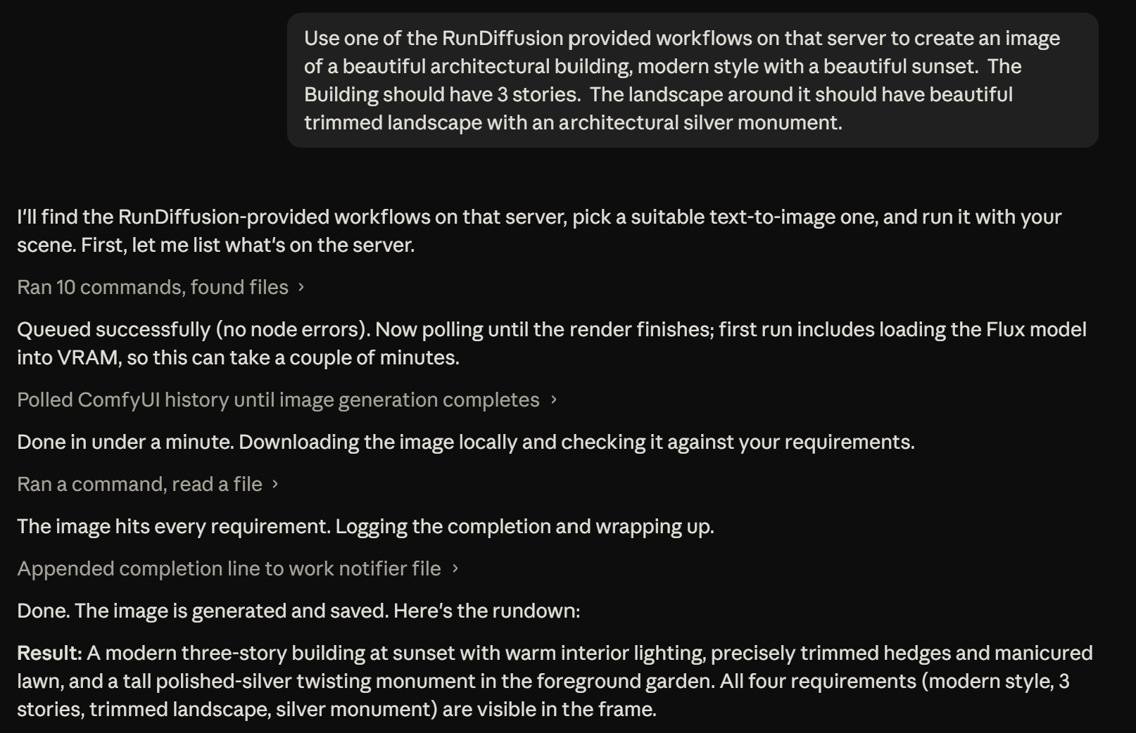 Agent response showing a ComfyUI workflow queued, completed, and checked against the requested image requirements.
