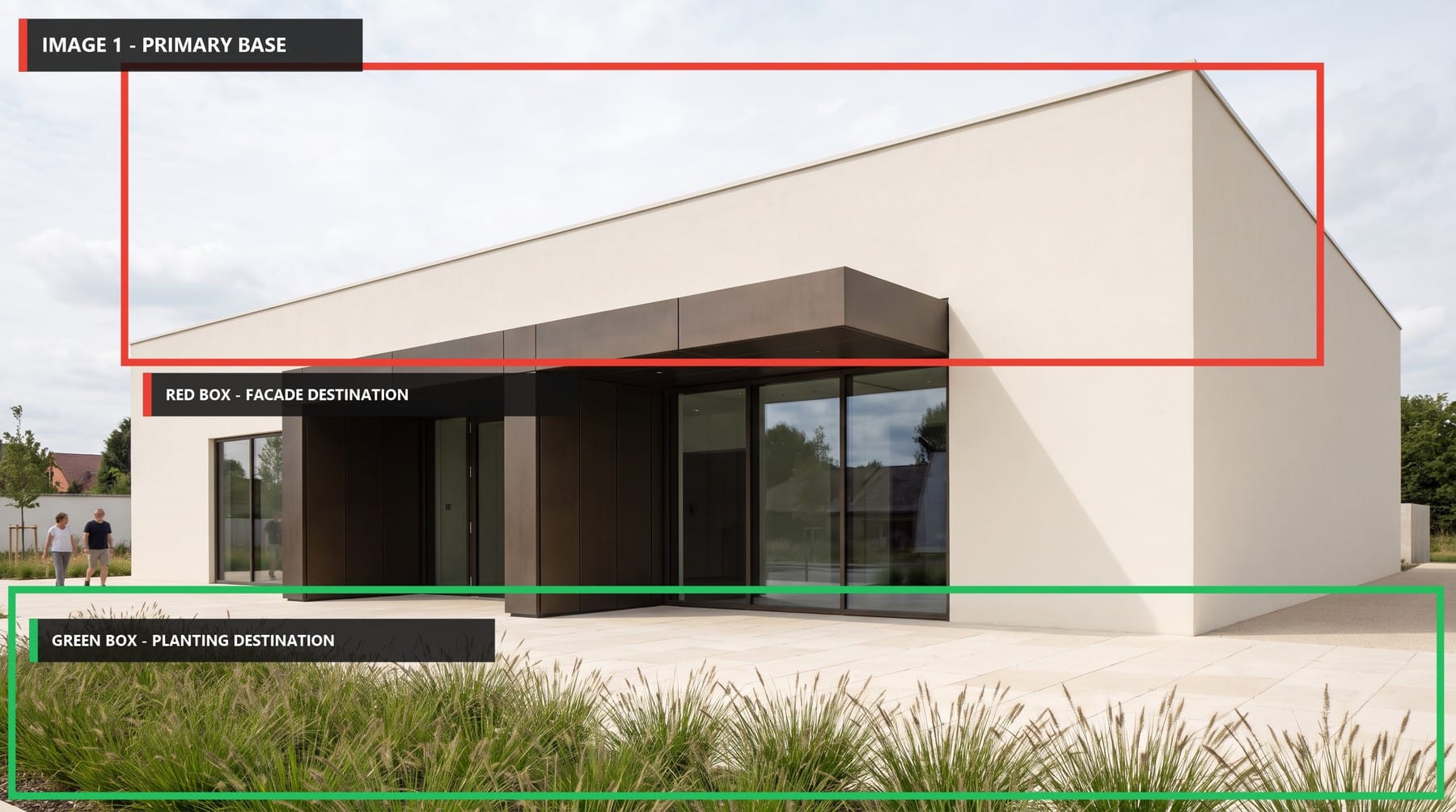 Image 1, the primary building image, with a red facade destination box and green planting destination box.