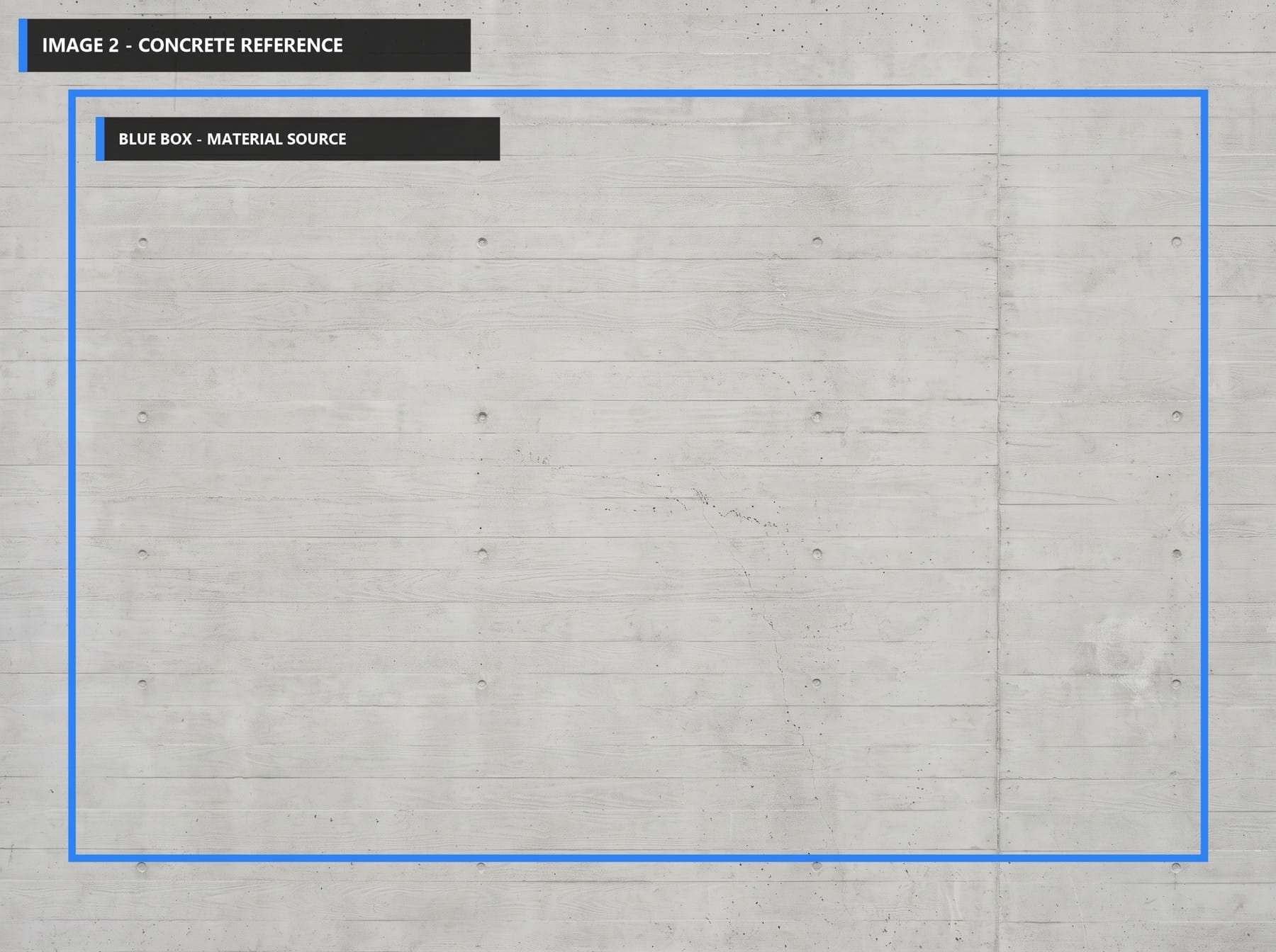 Image 2, a board-formed concrete reference with the material source marked by a blue box.