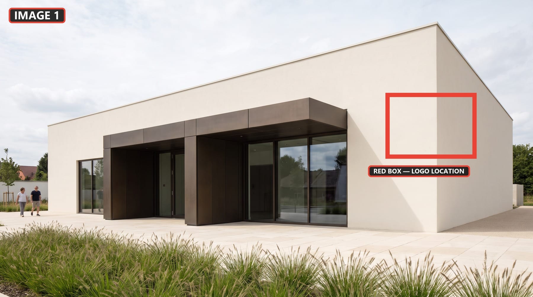 Image 1, the primary architectural image, with a red box marking the logo location.