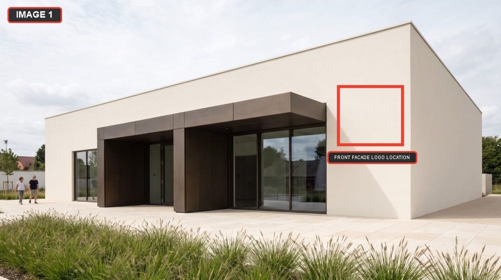 Image 1 with a red box placed entirely on the flat front facade to mark the logo location.