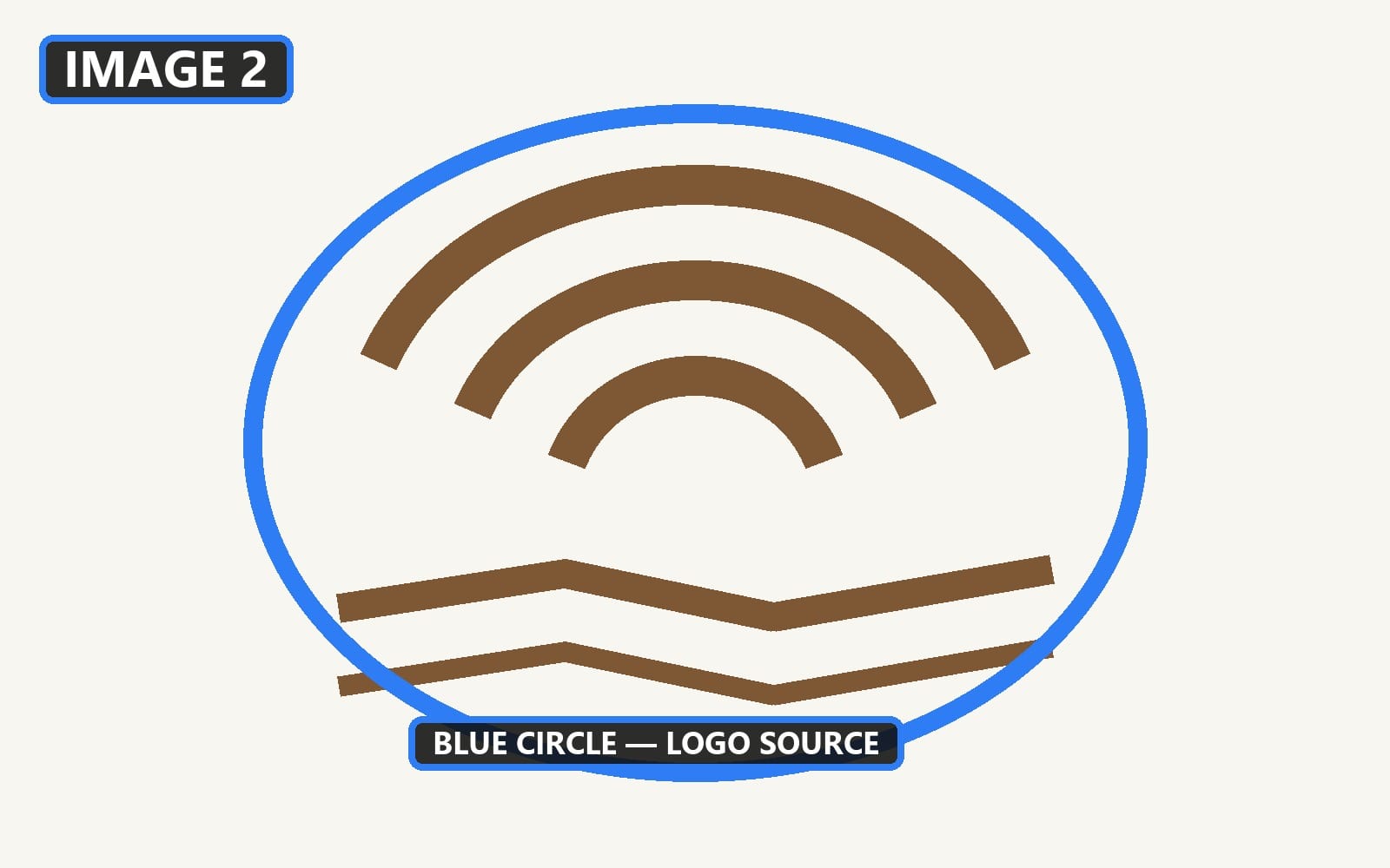 Image 2, a geometric bronze river-and-arch logo marked with a blue circle.
