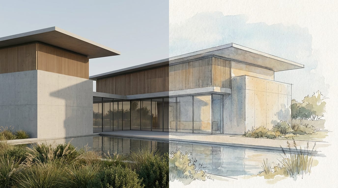 Nano Banana Pro architectural style-transfer example showing the same pavilion as a photorealistic render and a watercolor illustration