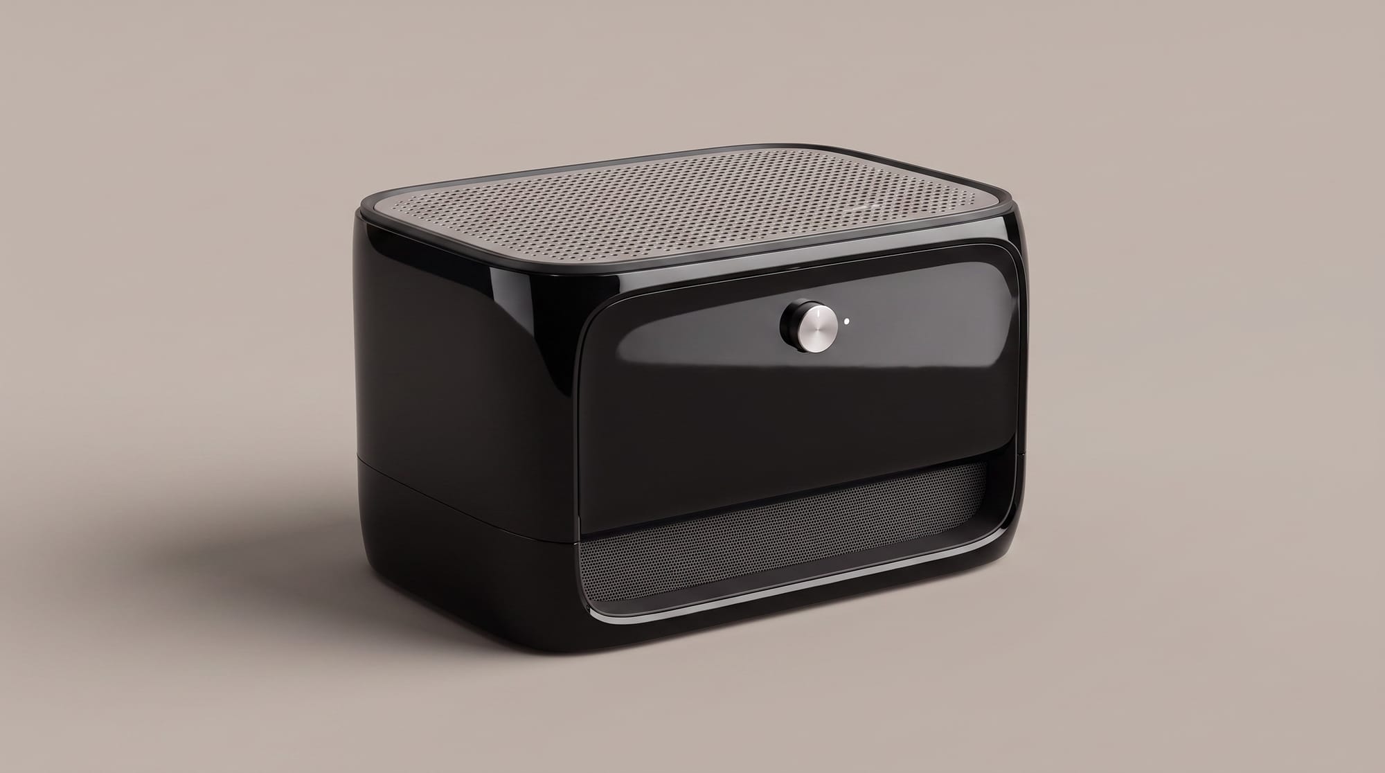 Glossy black countertop air purifier retaining the complete wide product design from Image 1.