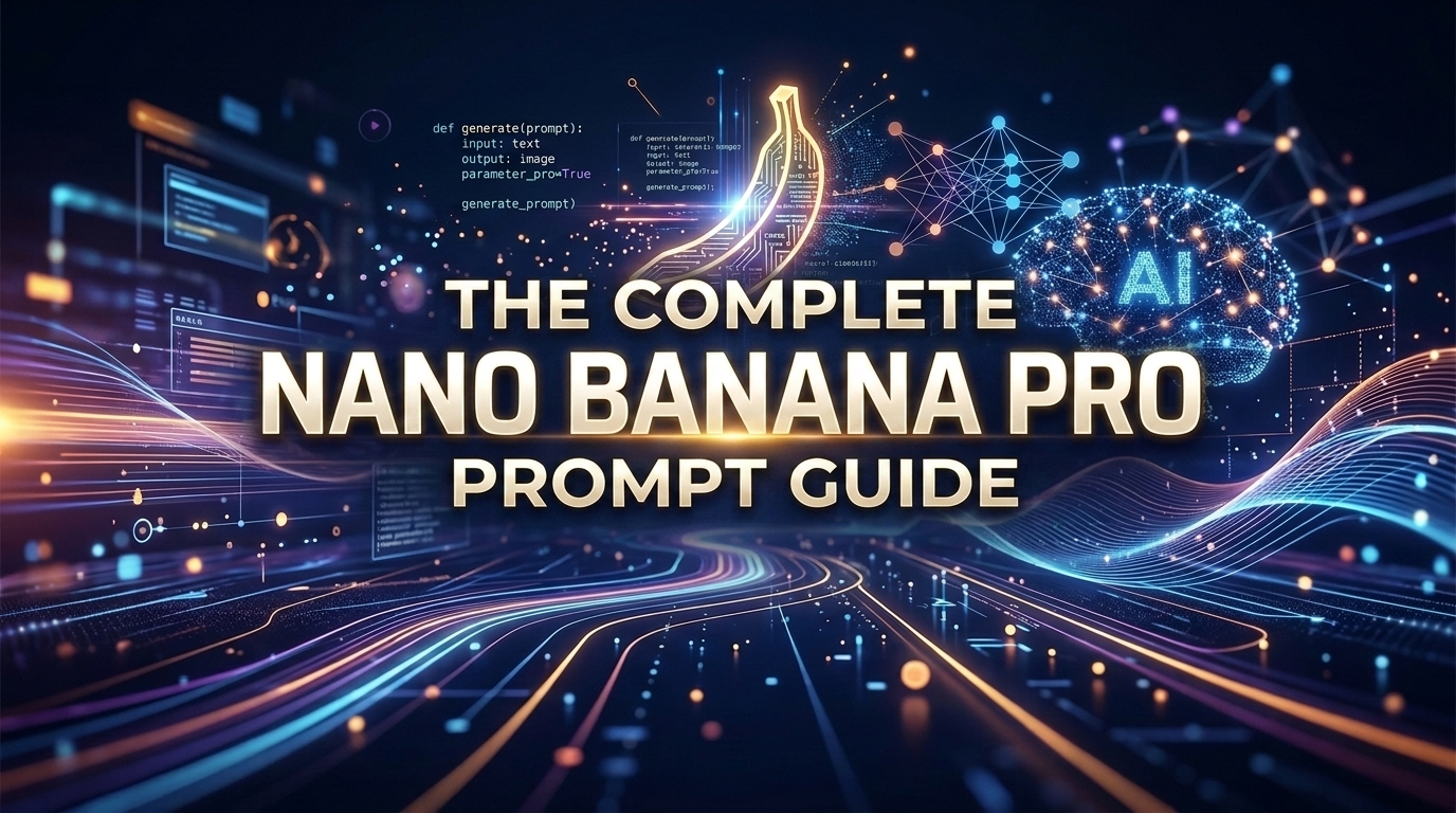 The Complete Nano Banana Pro Prompt Guide graphic with a glowing banana, an AI network, and blue and gold data lines.