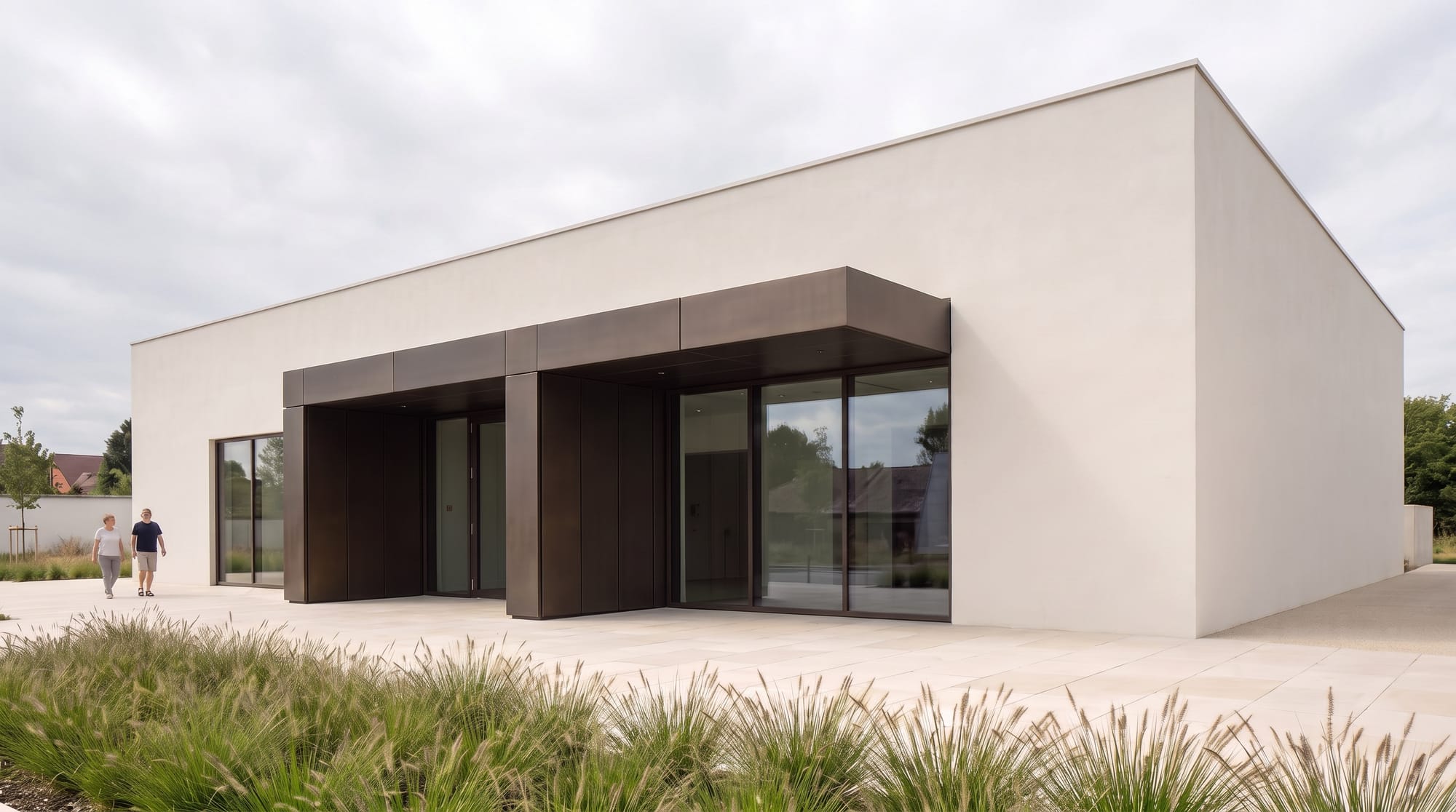 The same pavilion under soft overcast daylight with broad shadows and restrained glazing reflections.