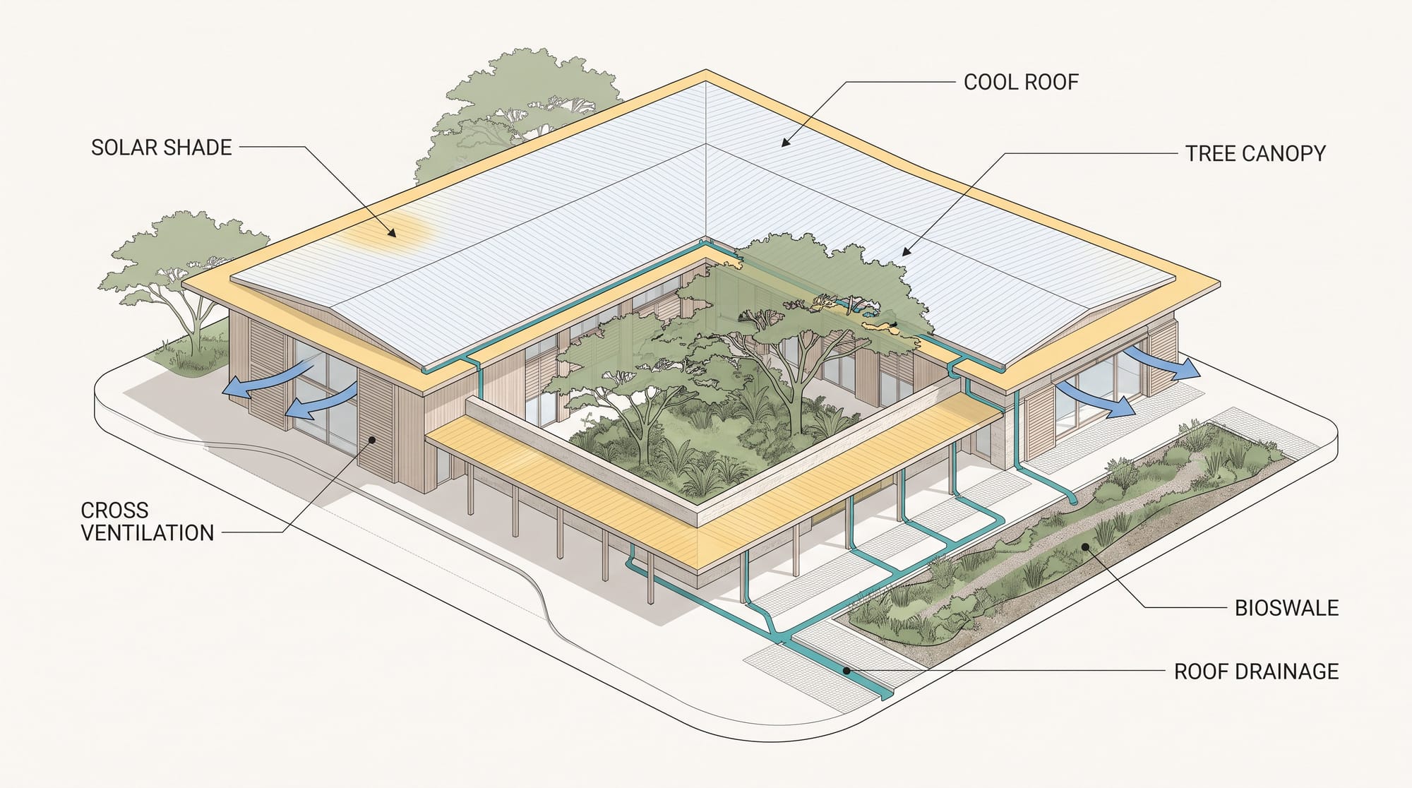 Axonometric architectural climate strategy diagram showing solar shade, cross ventilation, a cool roof, tree canopy, bioswale, and roof drainage.