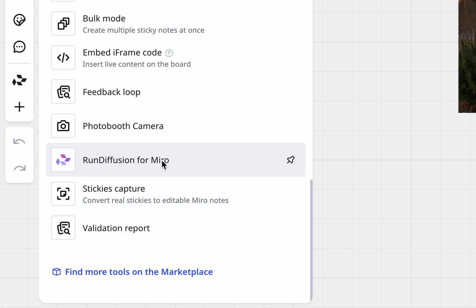 Miro tools panel with RunDiffusion for Miro selected