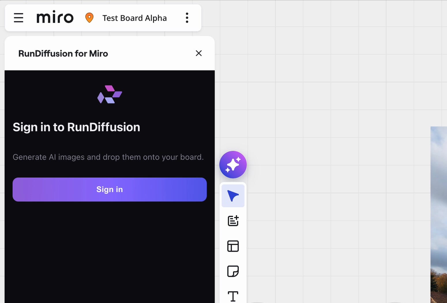 RunDiffusion for Miro panel showing the Sign in button