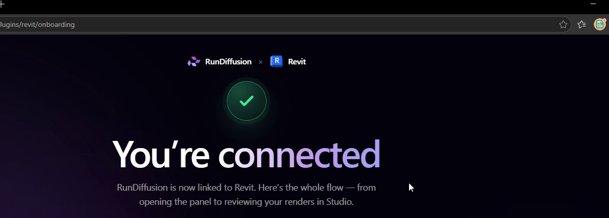 RunDiffusion browser page confirming that the account is connected to Revit