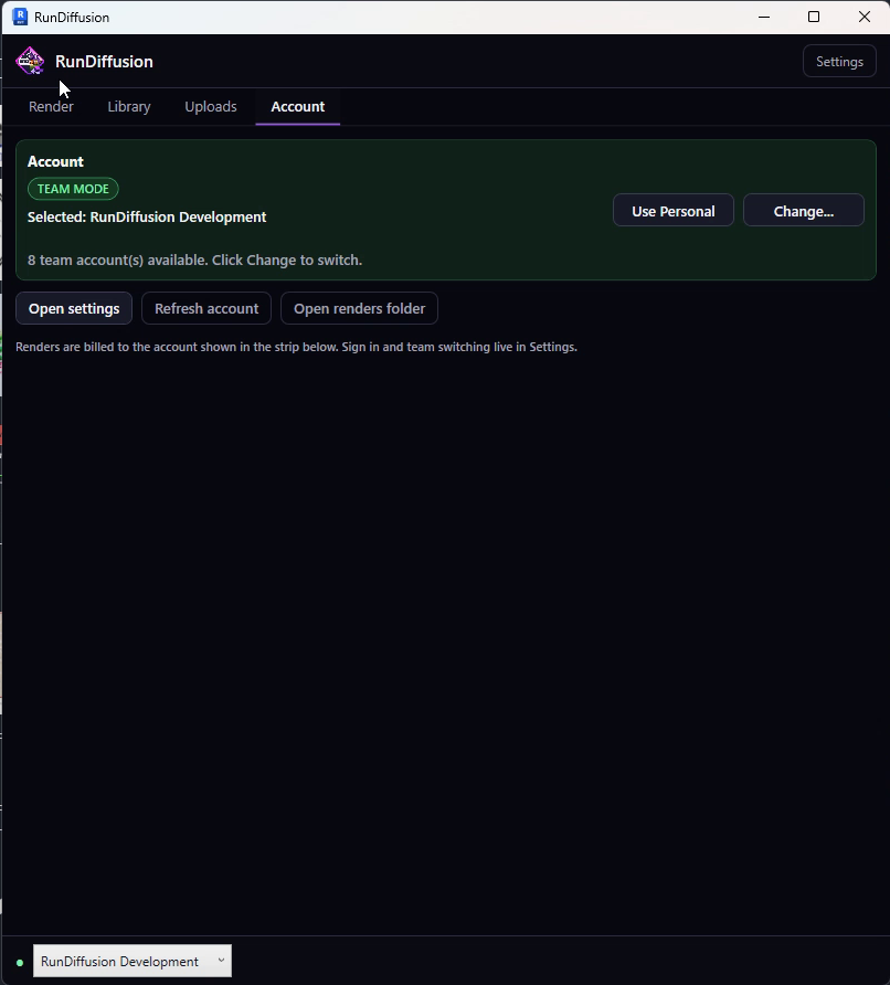 RunDiffusion Revit Account tab with controls for personal and team account selection