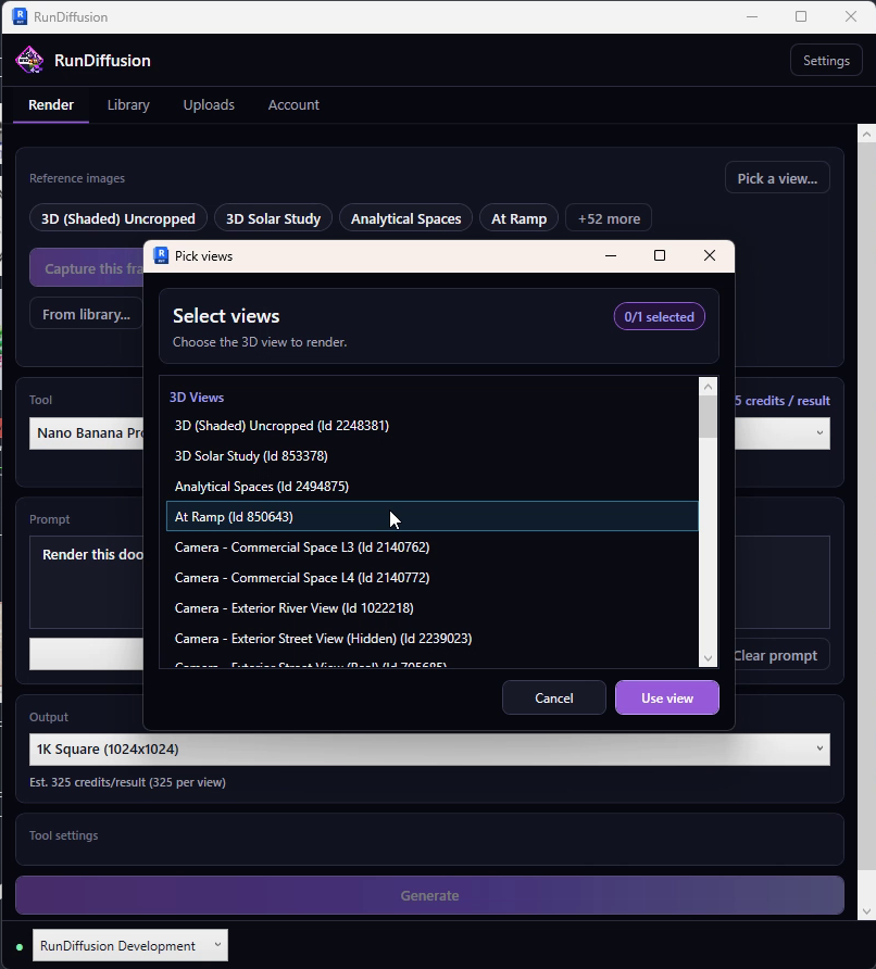 RunDiffusion Pick views dialog listing selectable Revit 3D views