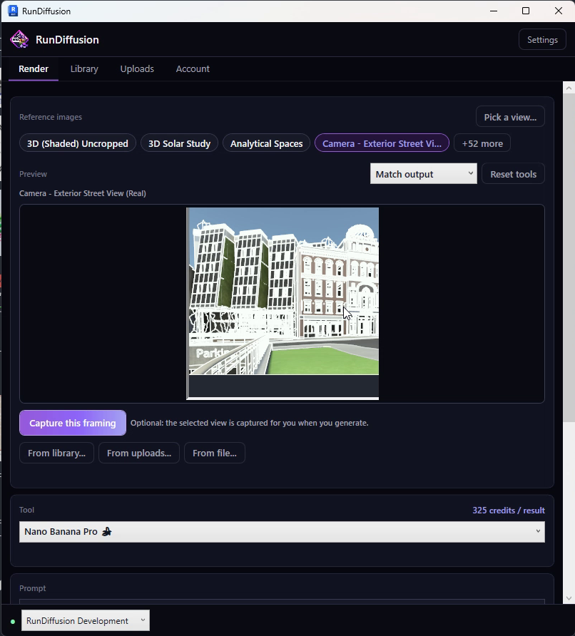 RunDiffusion Revit Render tab showing a framed exterior view and Capture this framing button