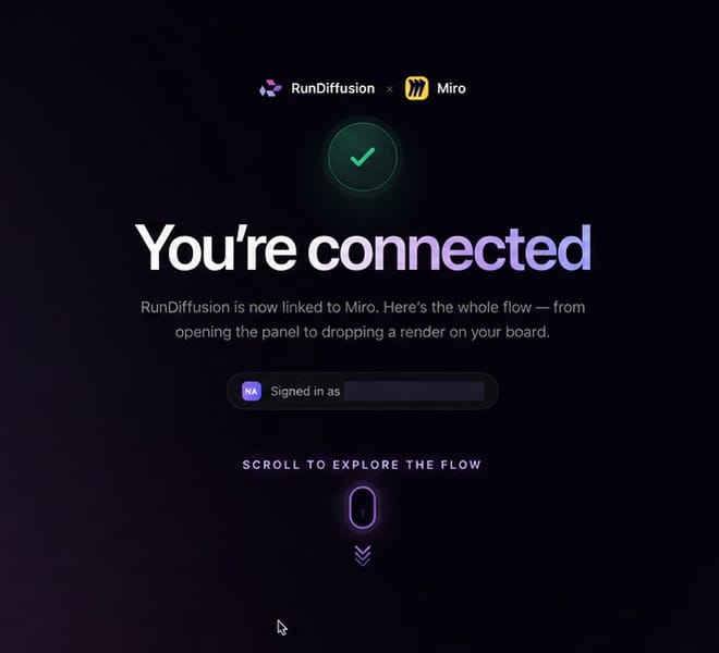 RunDiffusion confirmation screen showing a successful Miro connection