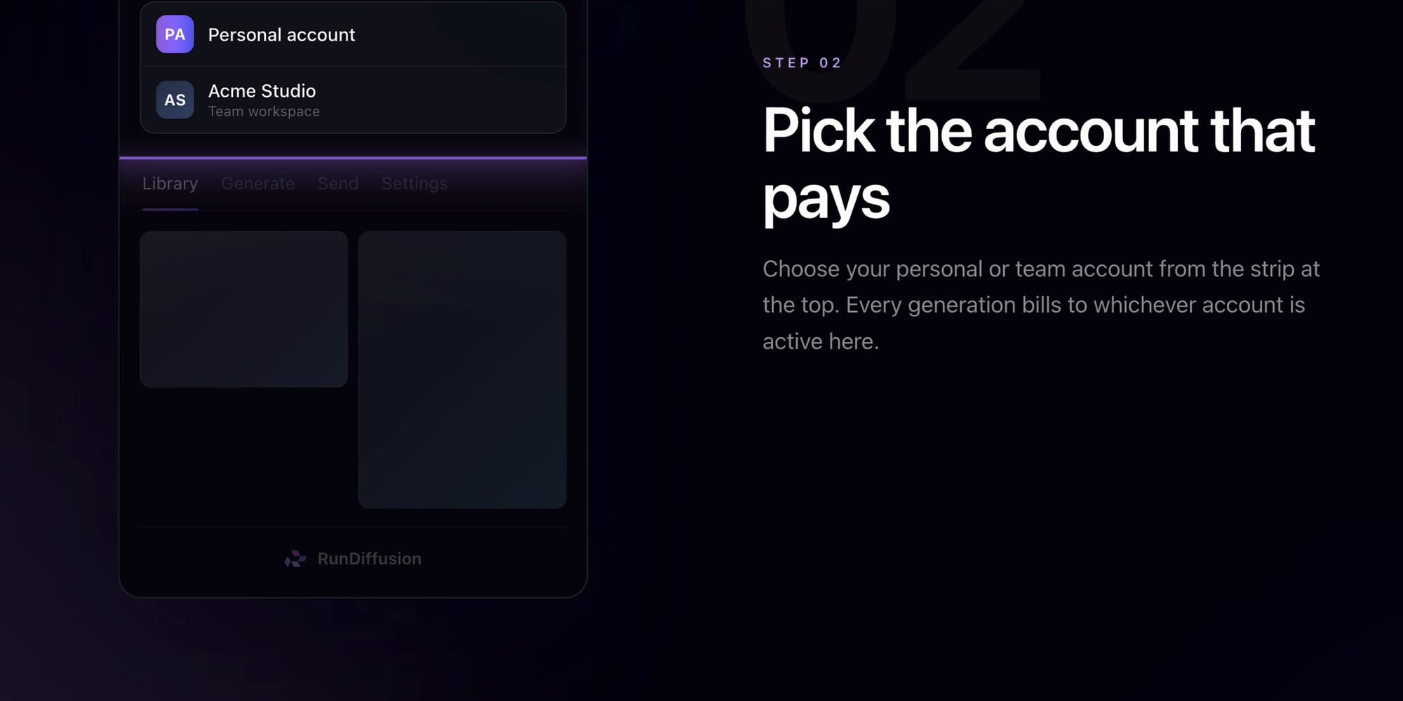 RunDiffusion for Miro account selector for choosing a personal or team account
