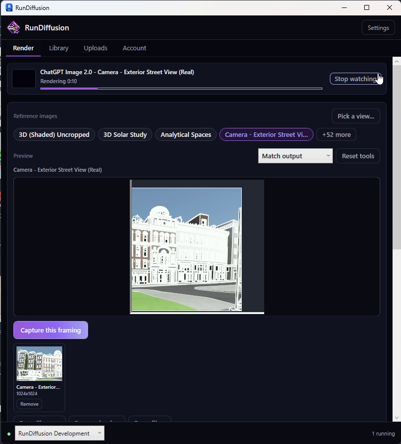 RunDiffusion Revit Render tab displaying an active image-generation progress bar
