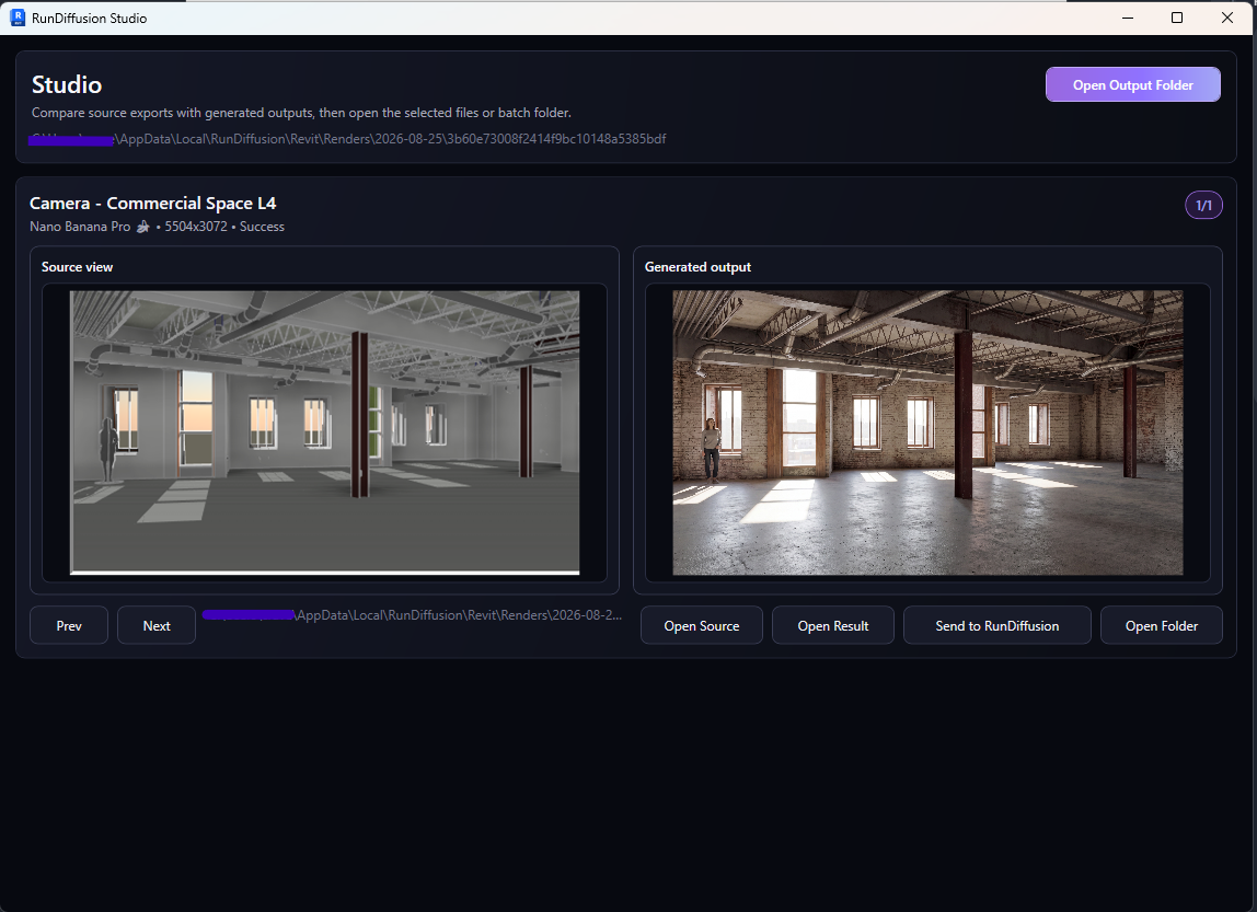 RunDiffusion Studio comparing a Revit commercial-space source view with the generated interior