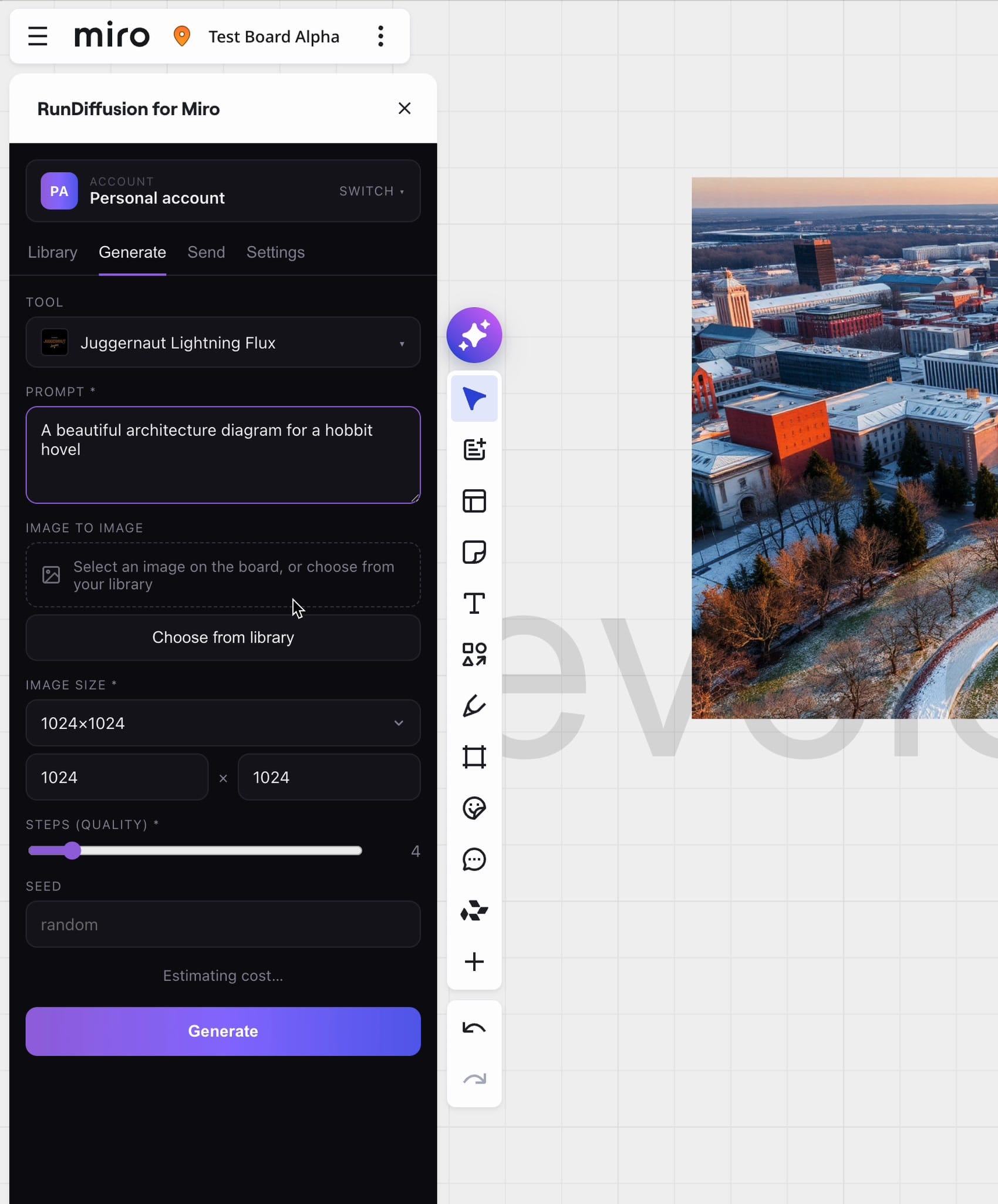RunDiffusion Generate tab in Miro with tool, prompt, image size, quality, and seed controls