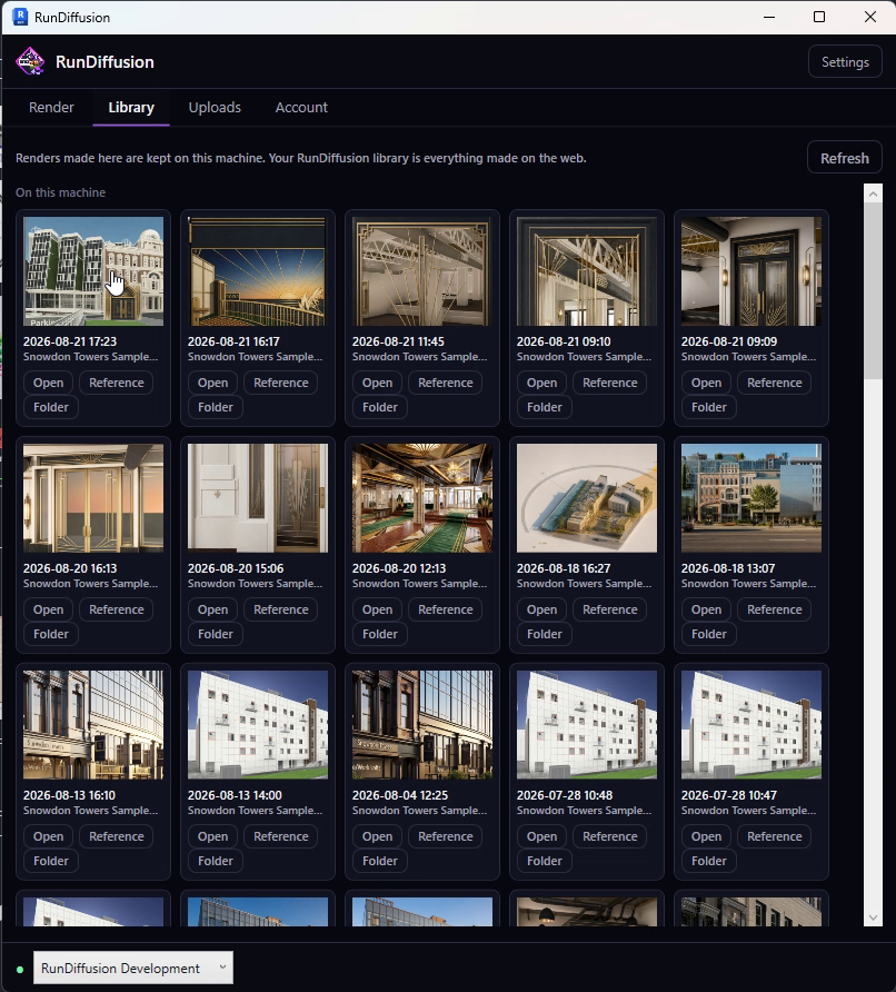 RunDiffusion Revit Library tab showing locally stored architectural render thumbnails
