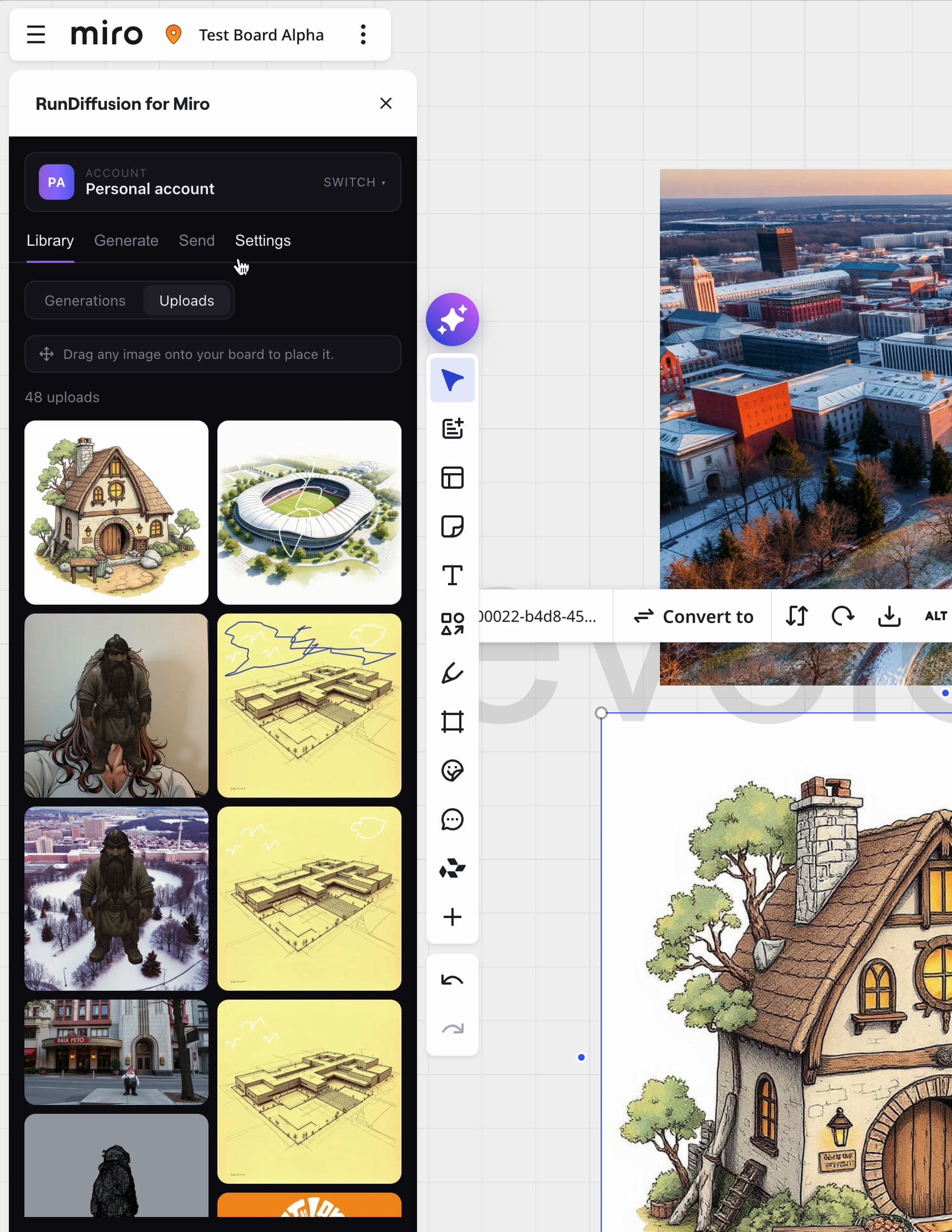RunDiffusion Uploads library showing an image sent from a Miro board