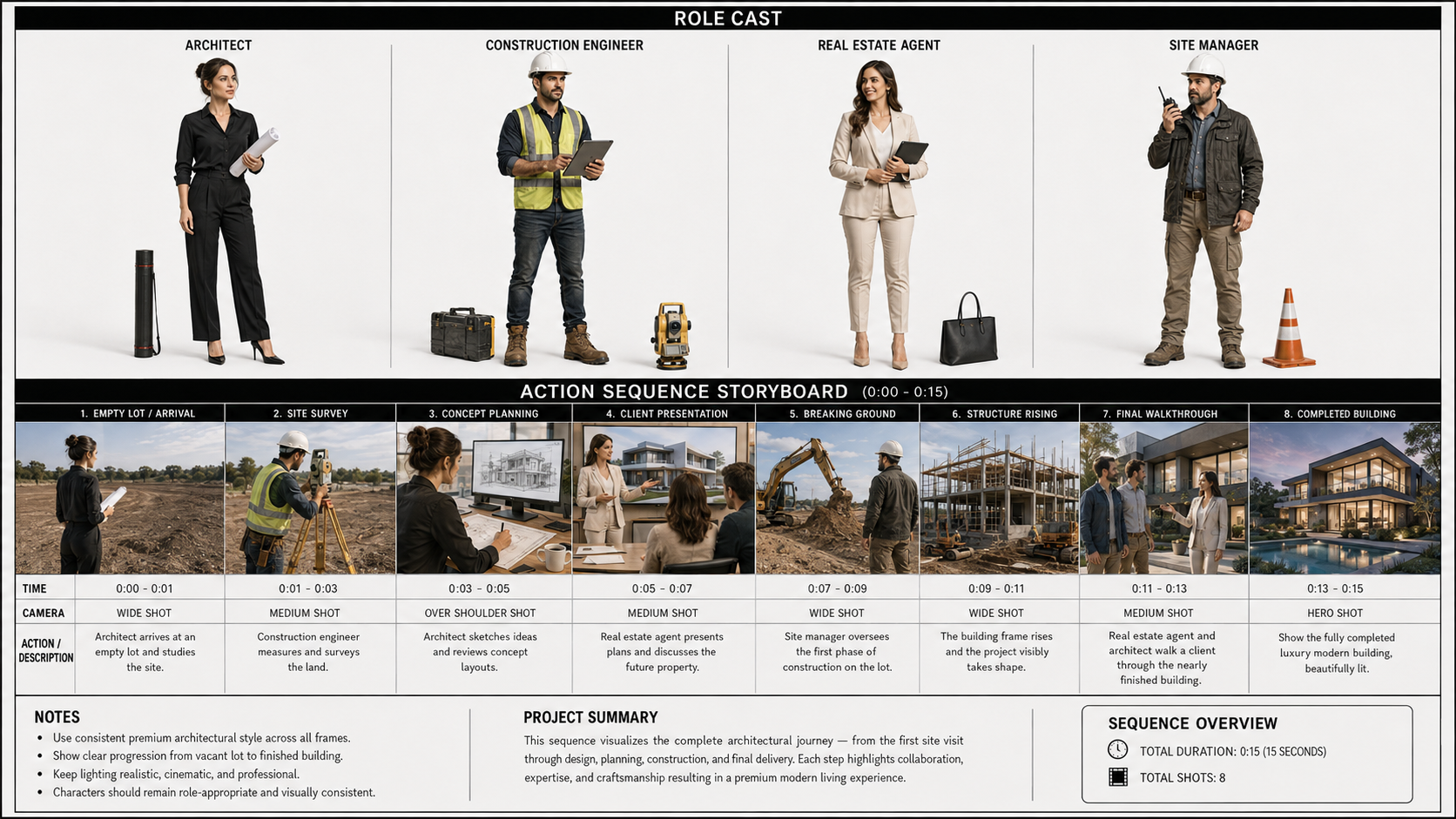 Four-person architecture team reference sheet above an eight-panel storyboard from empty lot to completed modern home.