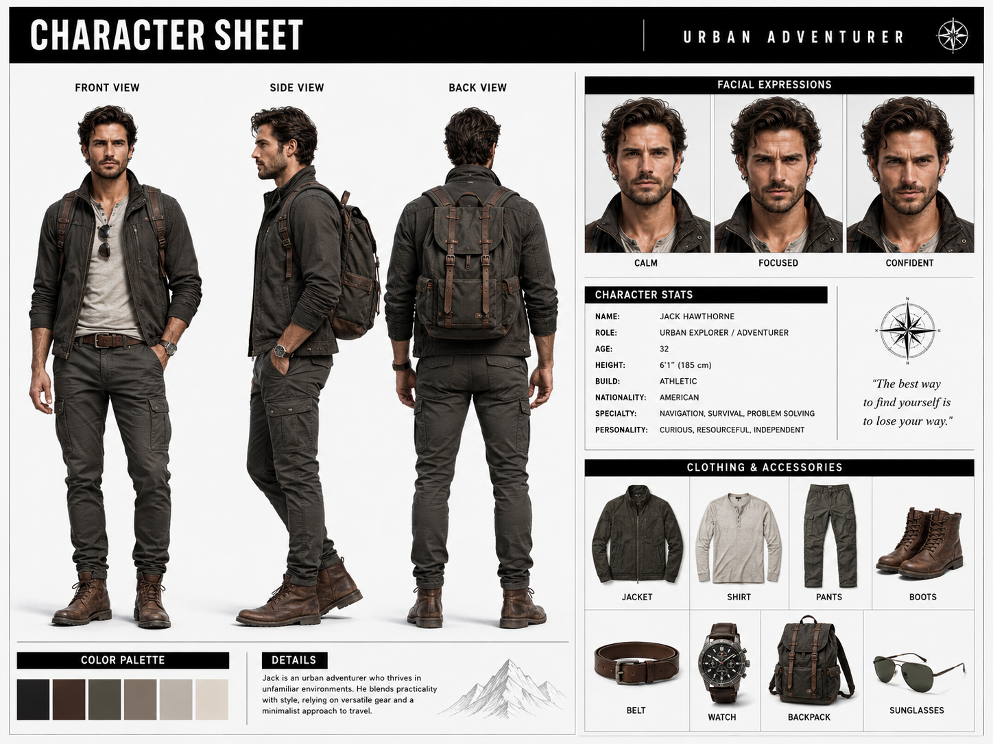 Urban adventurer character sheet showing Jack Hawthorne from three angles, expressions, clothing, and accessories.