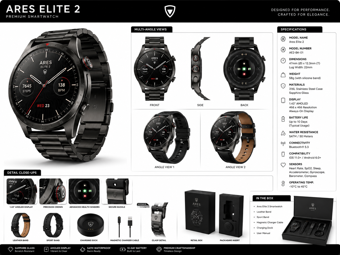 Ares Elite 2 smartwatch reference board with multi-angle views, specifications, details, accessories, and packaging.
