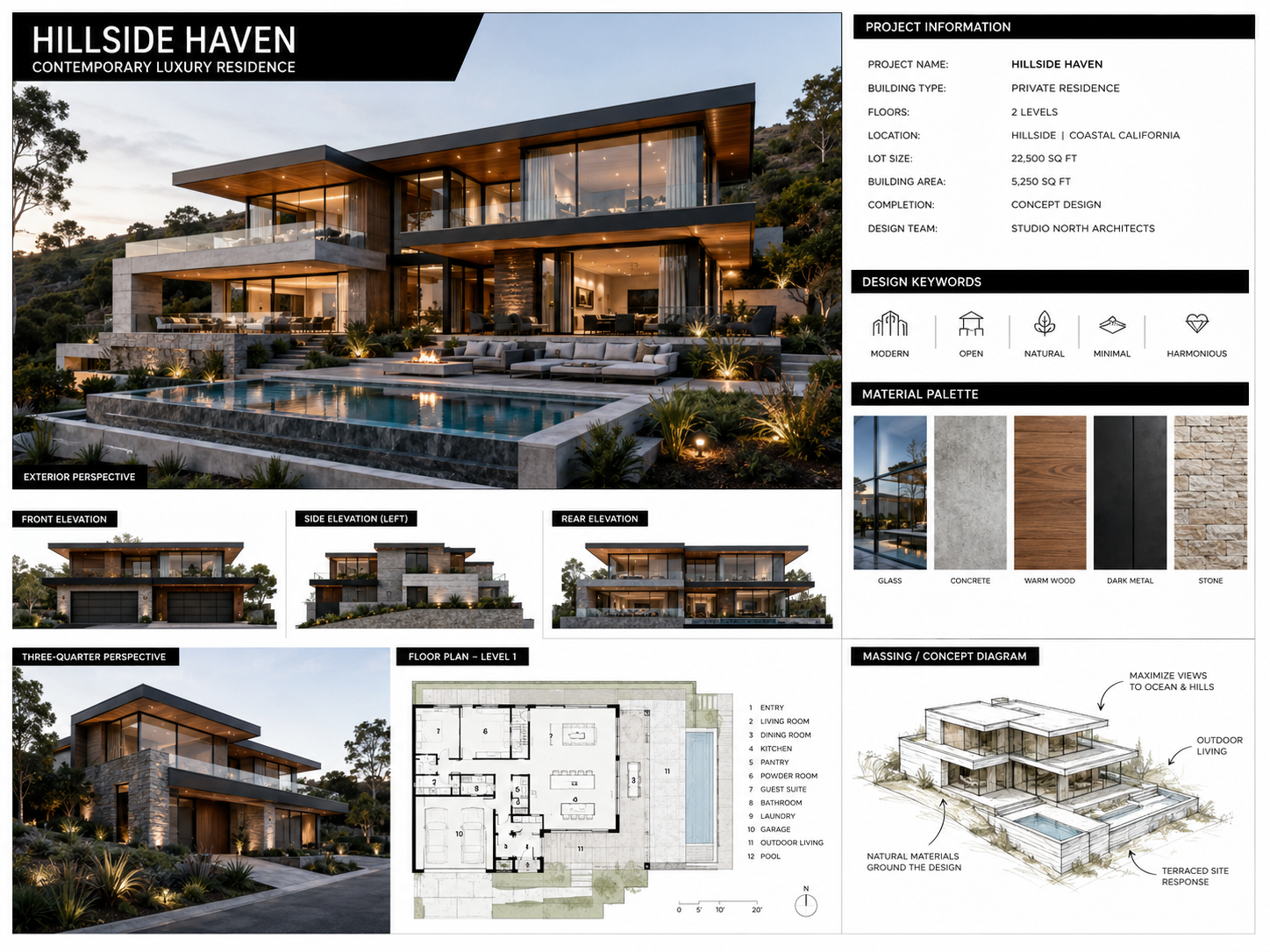 Hillside Haven architecture board with exterior renderings, elevations, floor plan, concept diagram, and materials.