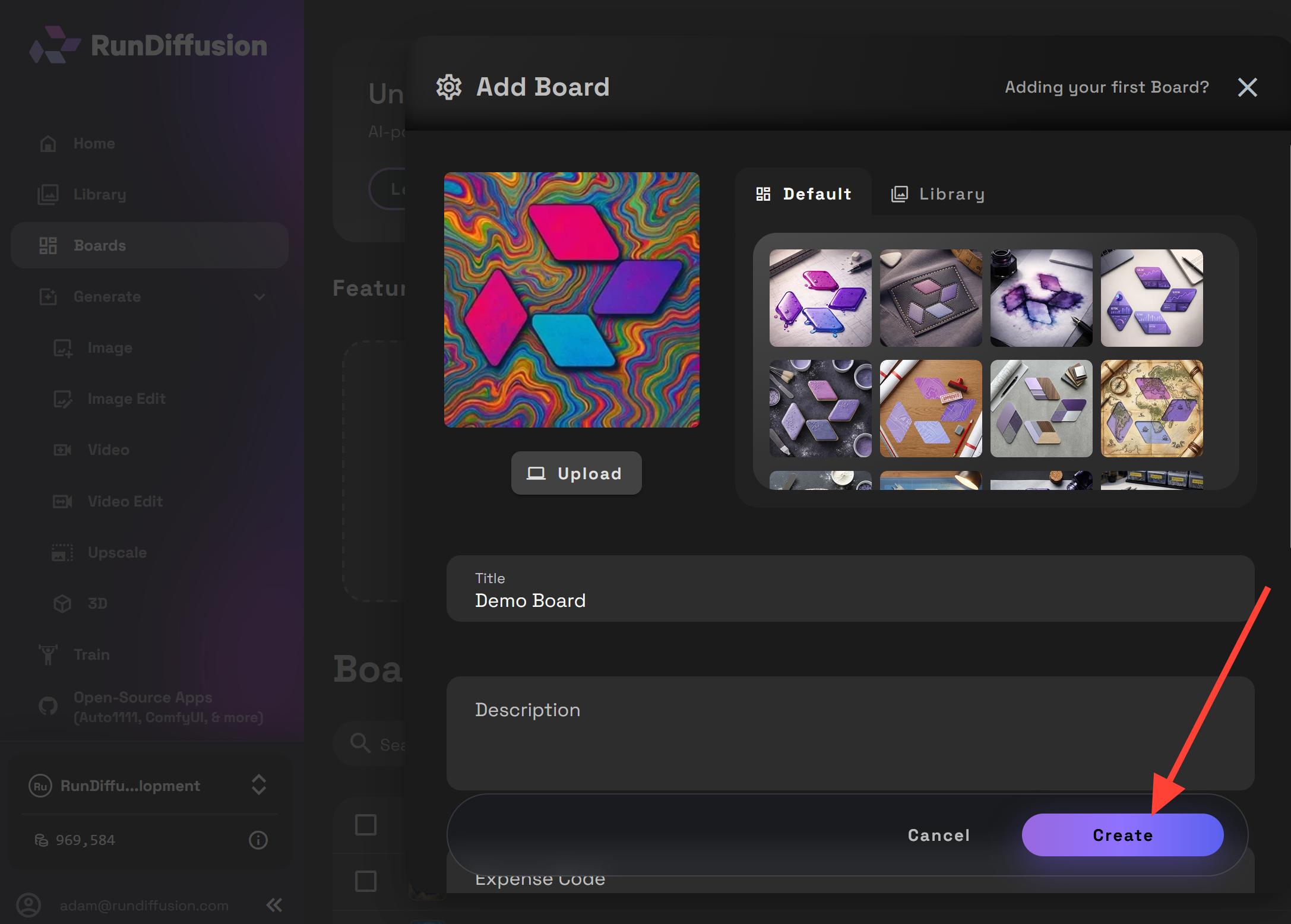RunDiffusion Add Board window with cover image, title, description, and Create controls.