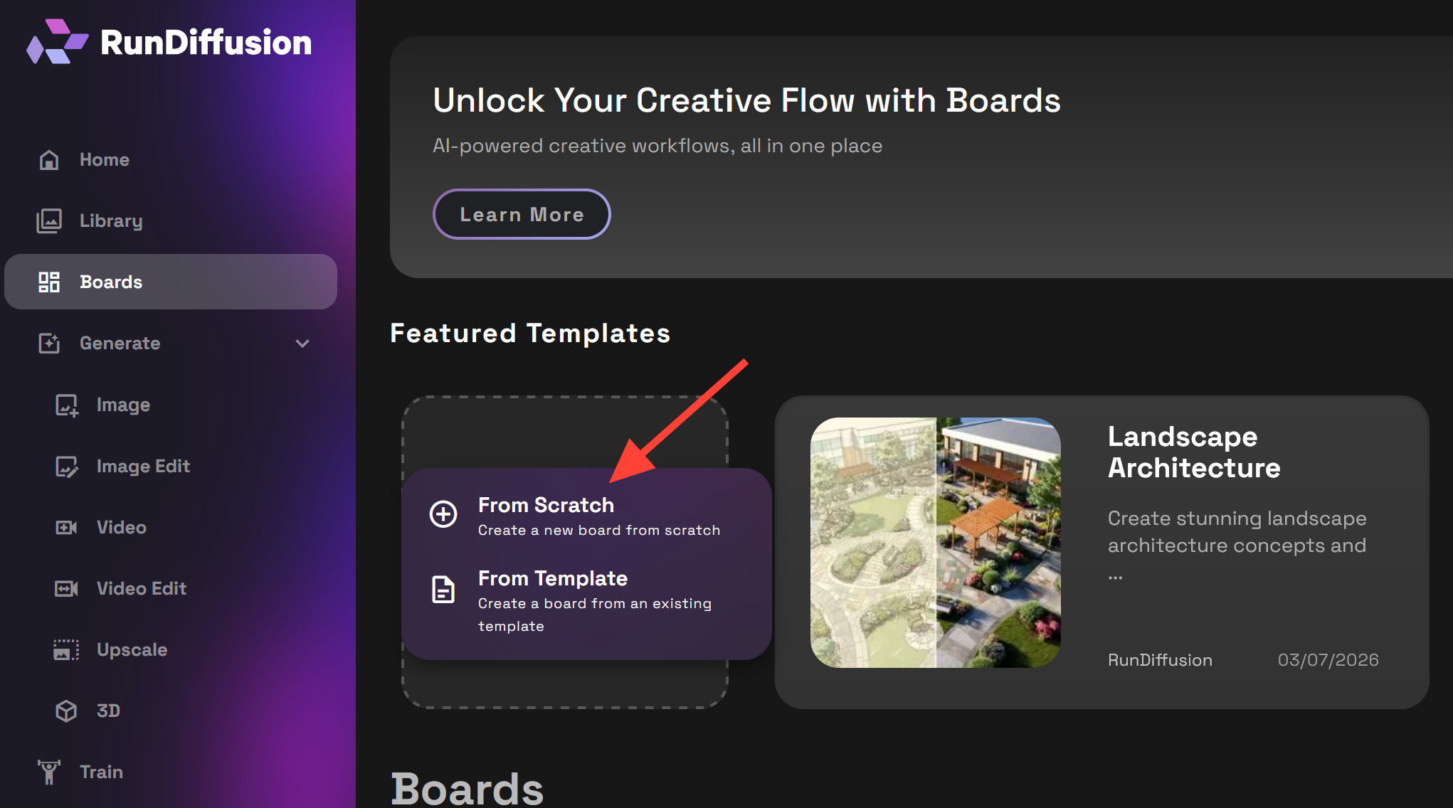 RunDiffusion New Board menu with From Scratch selected above the template option.