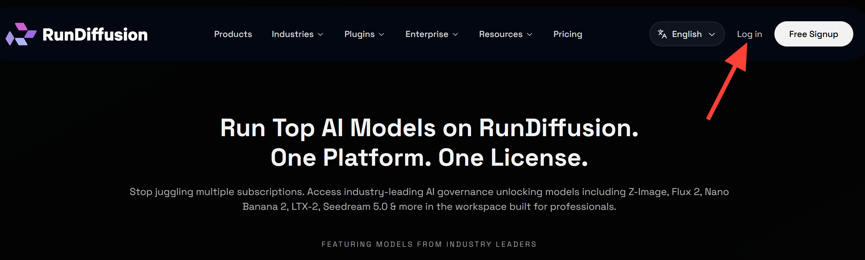 RunDiffusion homepage with Log in and Free Signup buttons in the top navigation.