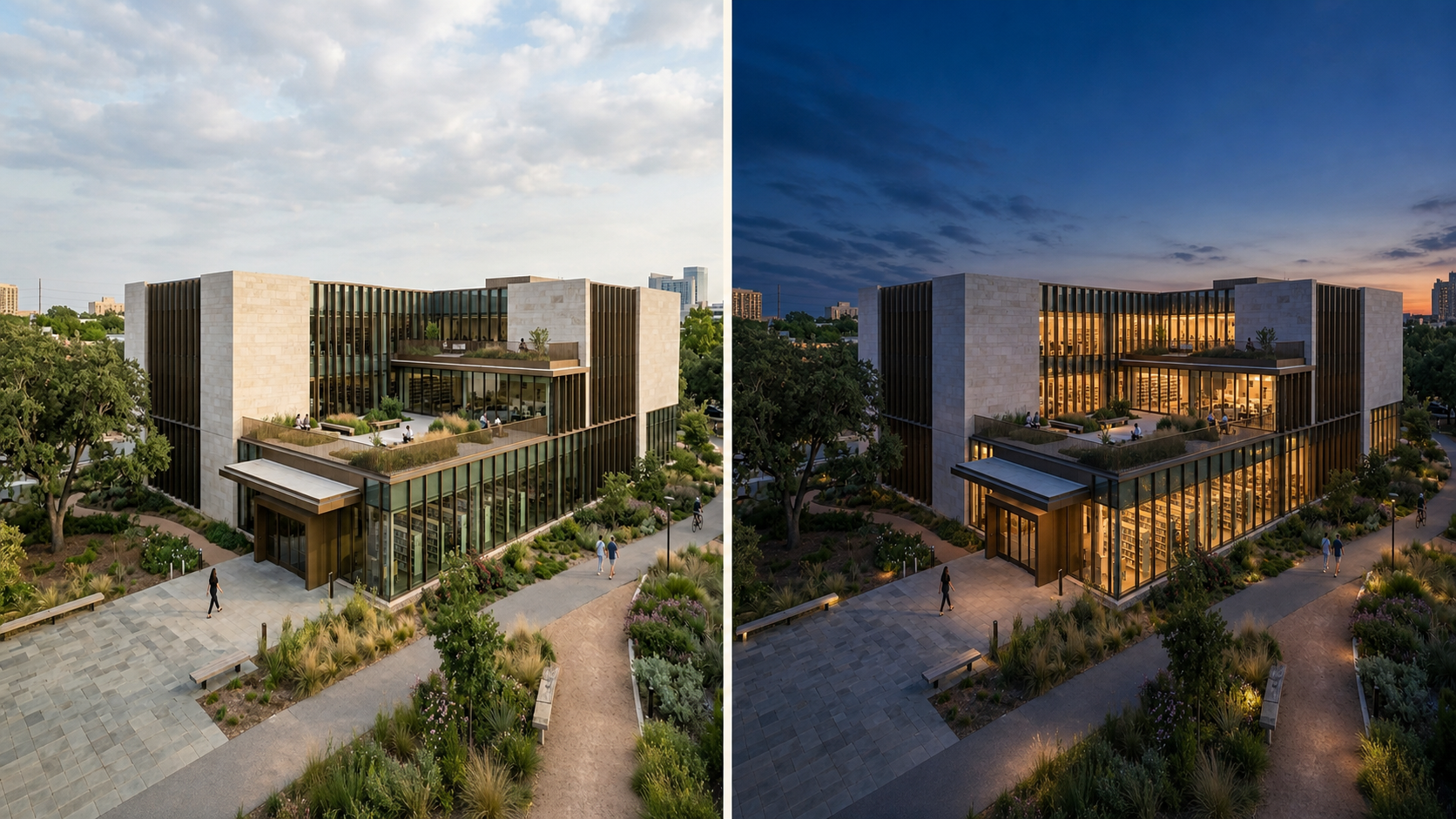 Daytime and blue-hour versions of the same architectural render shown side by side.