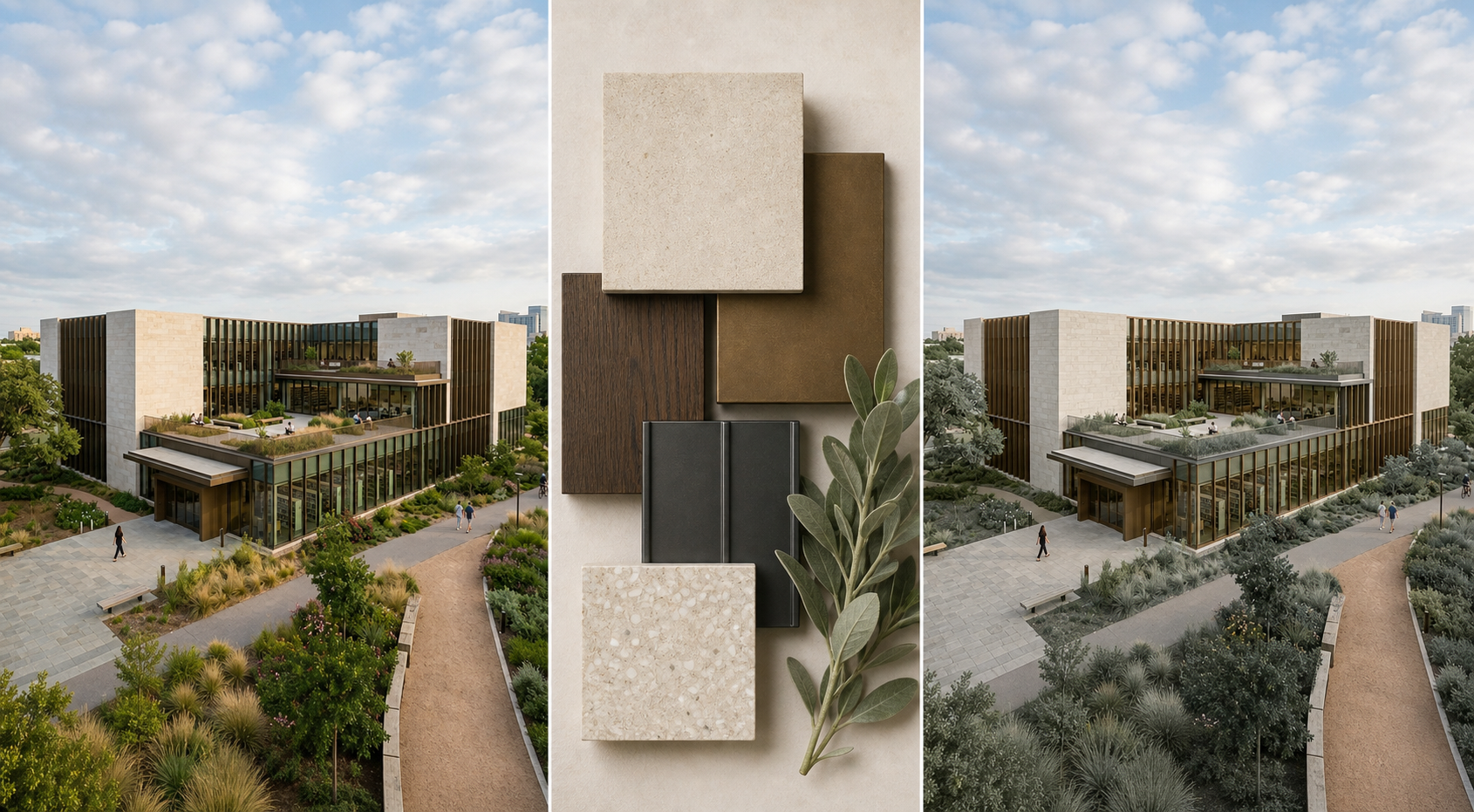 Three-panel architectural material transfer comparison showing the original render, a material palette reference, and the edited result.