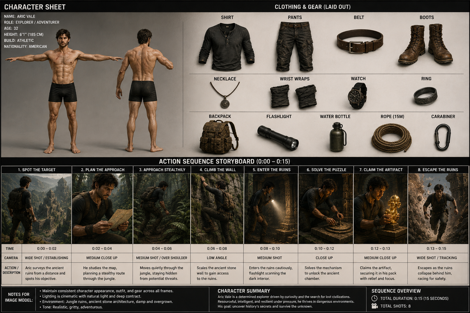 Aric Vale character sheet above an eight-panel adventure storyboard set in jungle ruins.