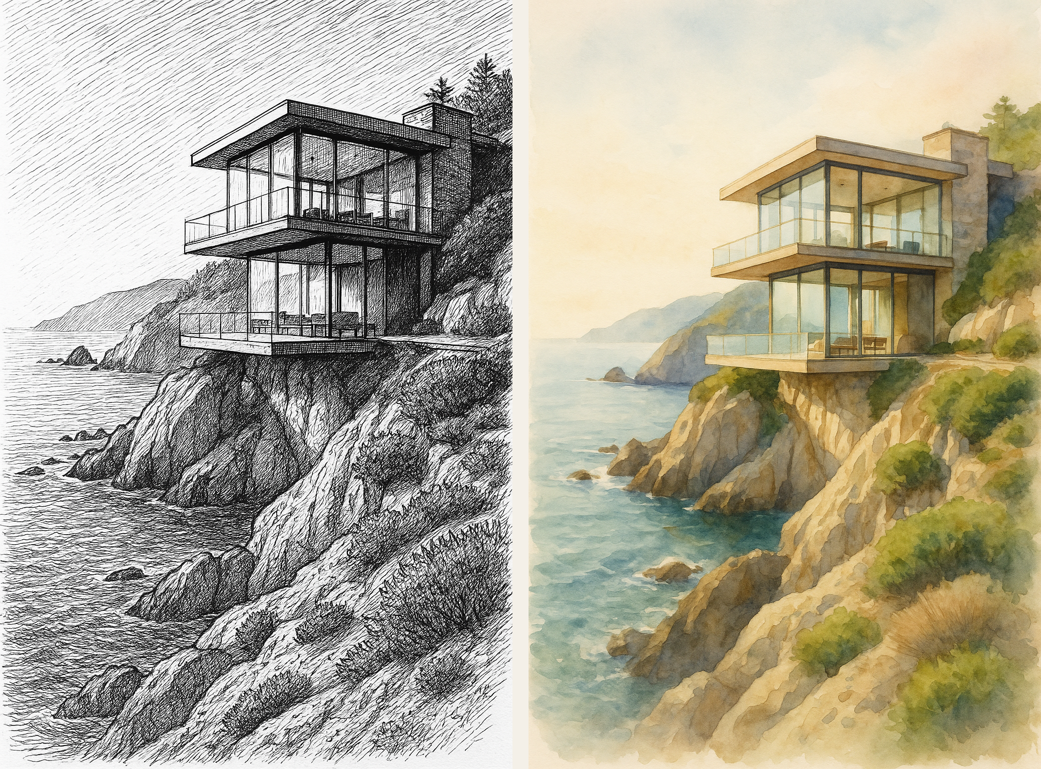 Architectural style-transfer results shown as an ink drawing and soft watercolor side by side