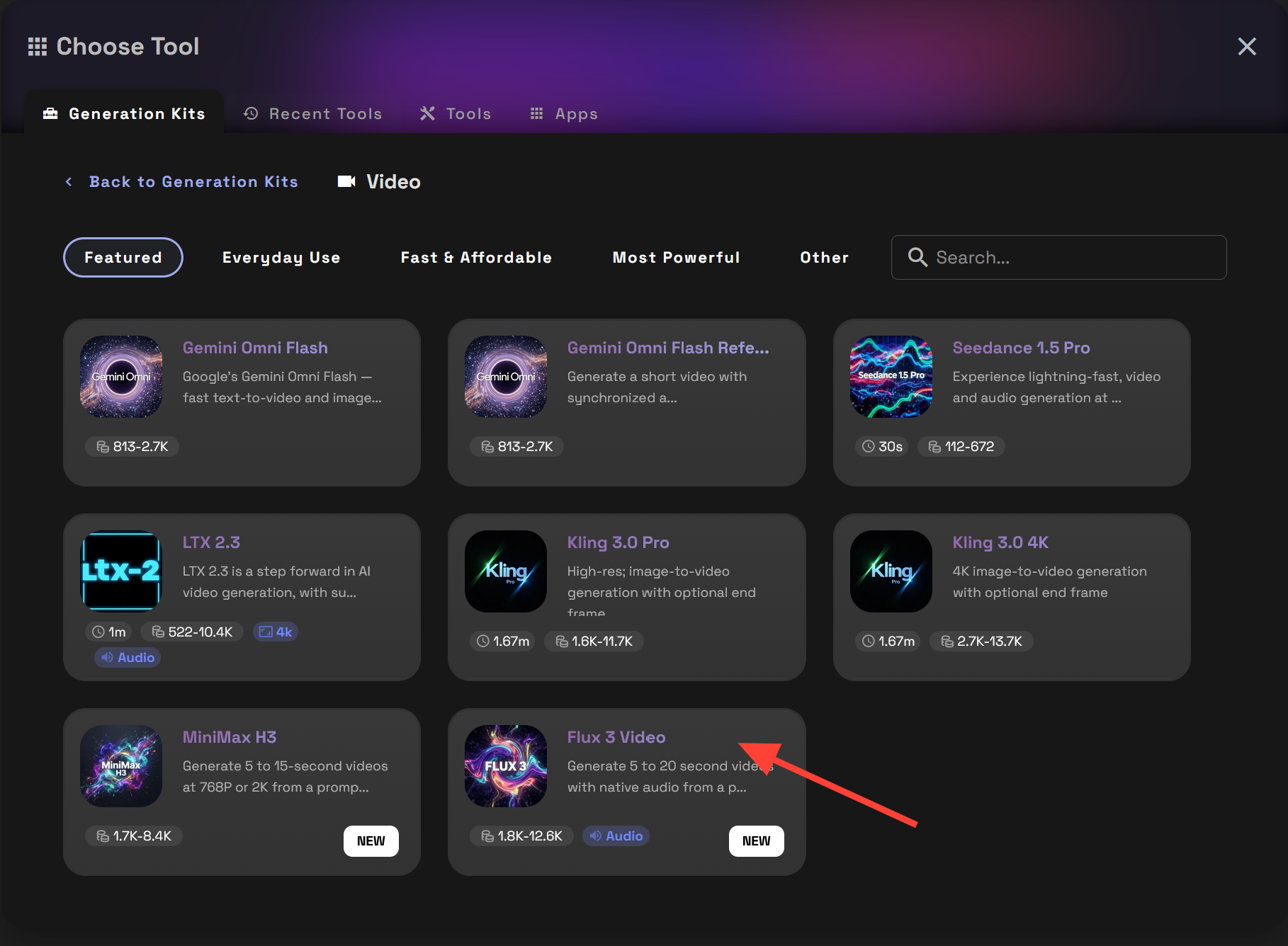 RunDiffusion Video Generation Kit with Flux 3 Video visible in the Featured category.