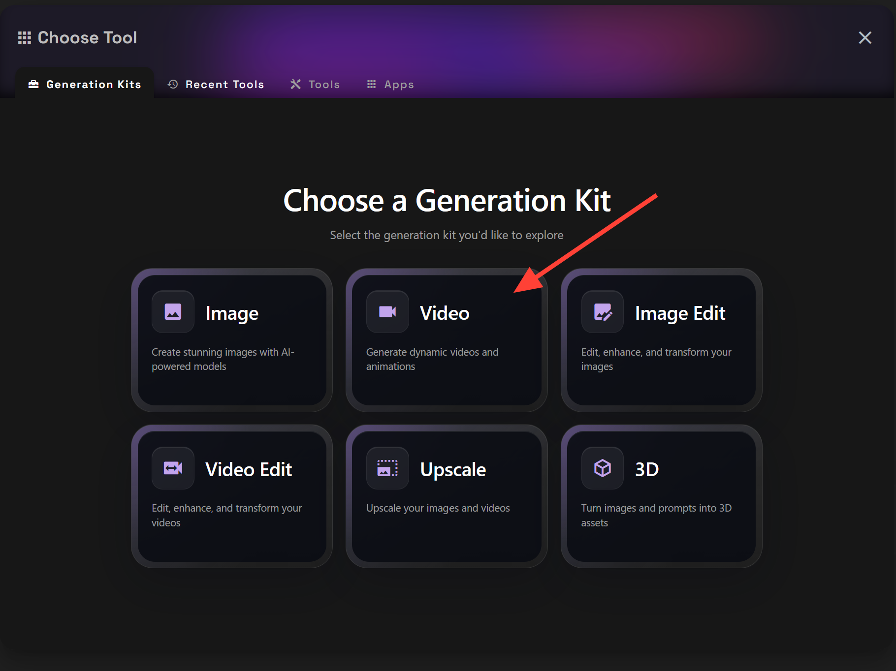 RunDiffusion Choose Tool window with Generation Kits selected and the Video category visible.