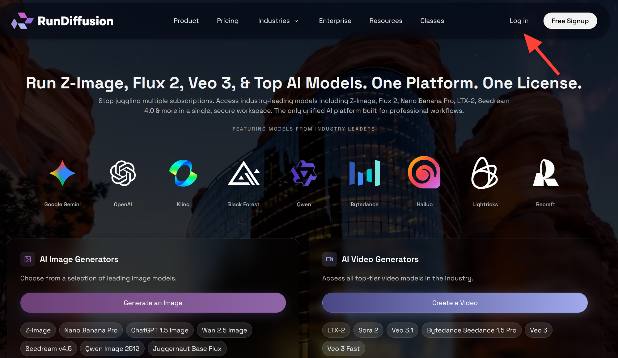 RunDiffusion website navigation with Log in visible at the upper right.