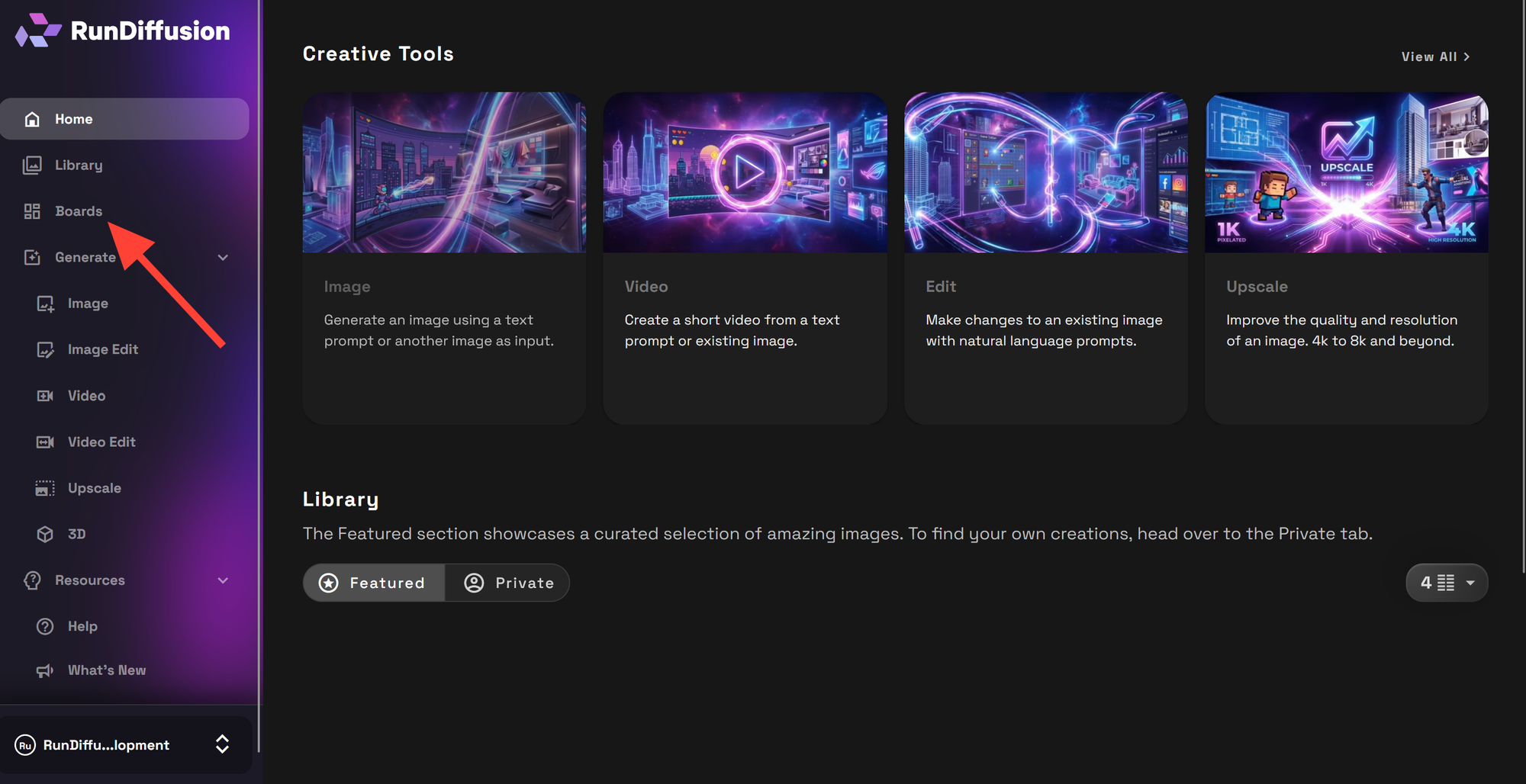 RunDiffusion dashboard with Boards visible in the left sidebar.
