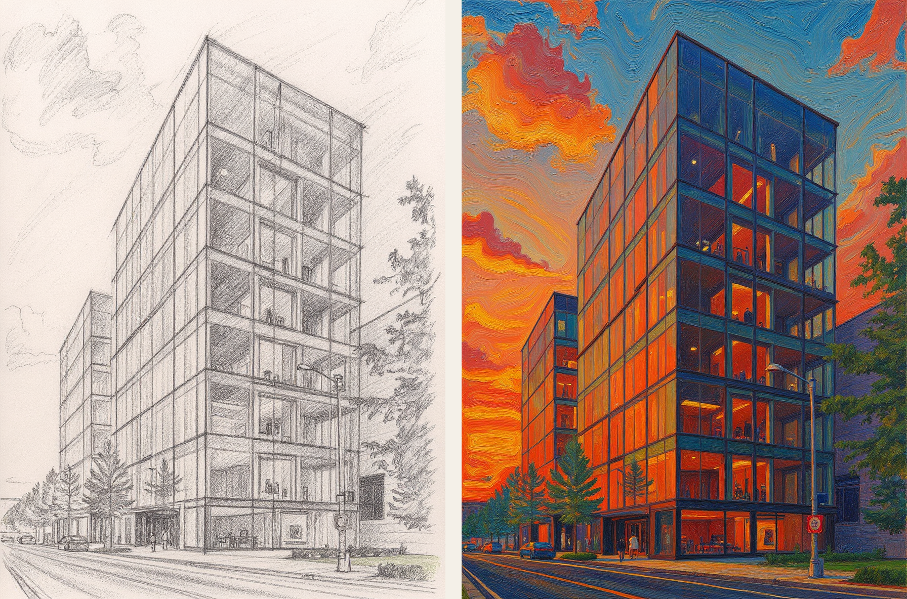 Architectural style-transfer results shown as a charcoal drawing and colorful acrylic painting side by side