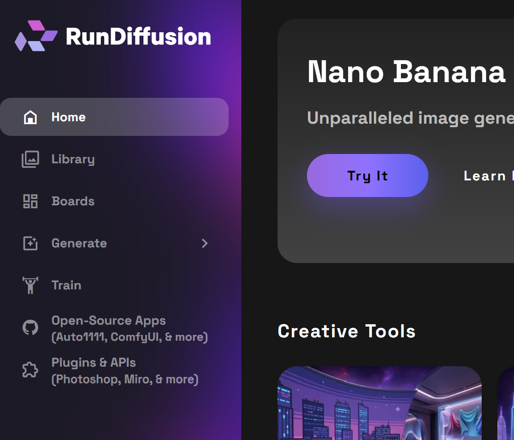 RunDiffusion platform with Plugins and APIs visible in the left sidebar